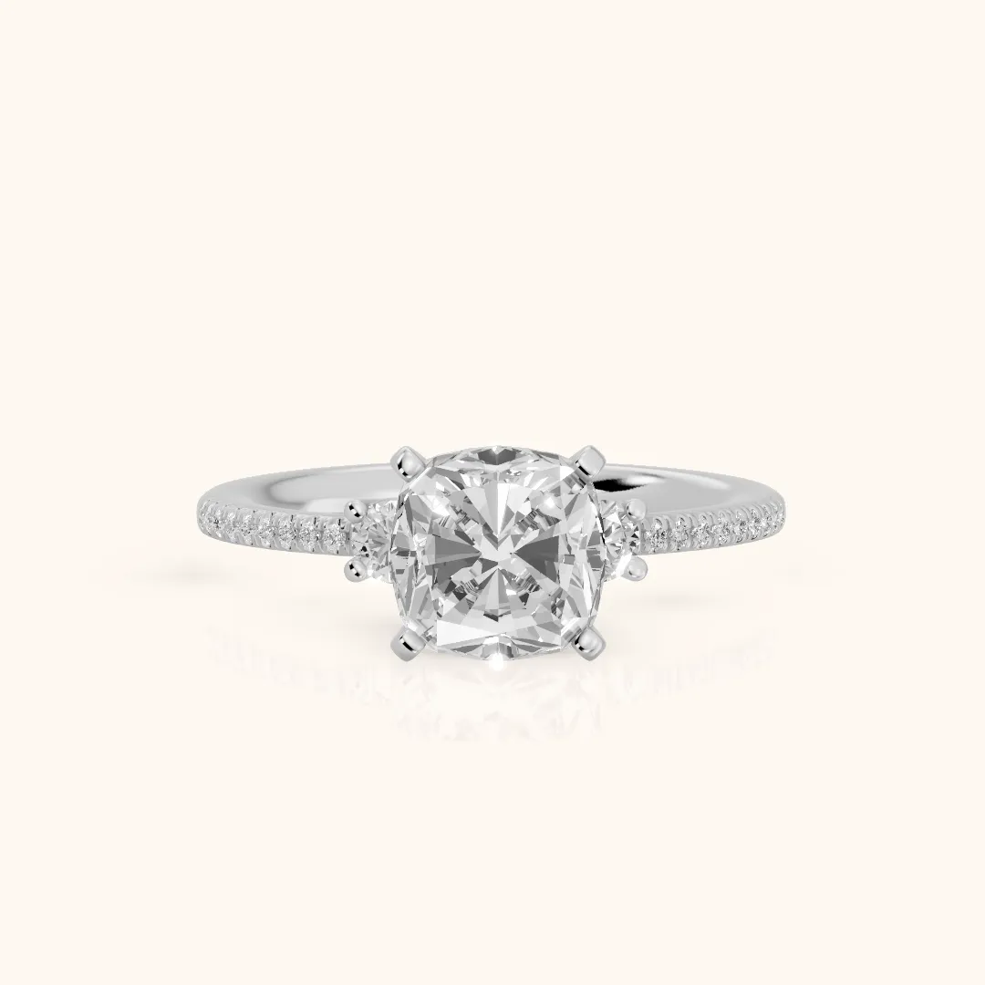 Nerissa Three-Stone Micropavé Cushion Diamond Engagement Ring in Platinum — view 2