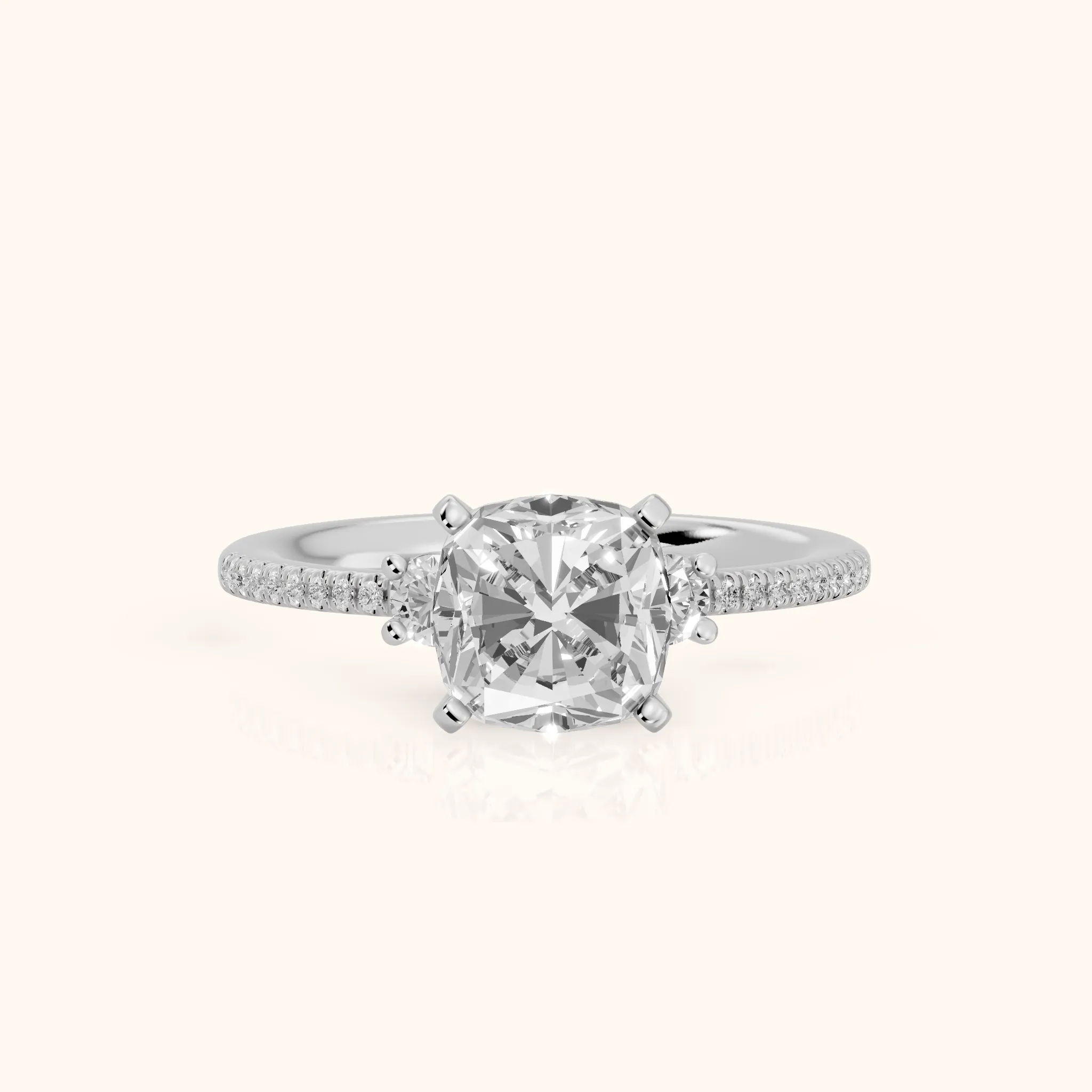 Nerissa Three-Stone Micropavé Cushion Diamond Engagement Ring in Platinum — view 1