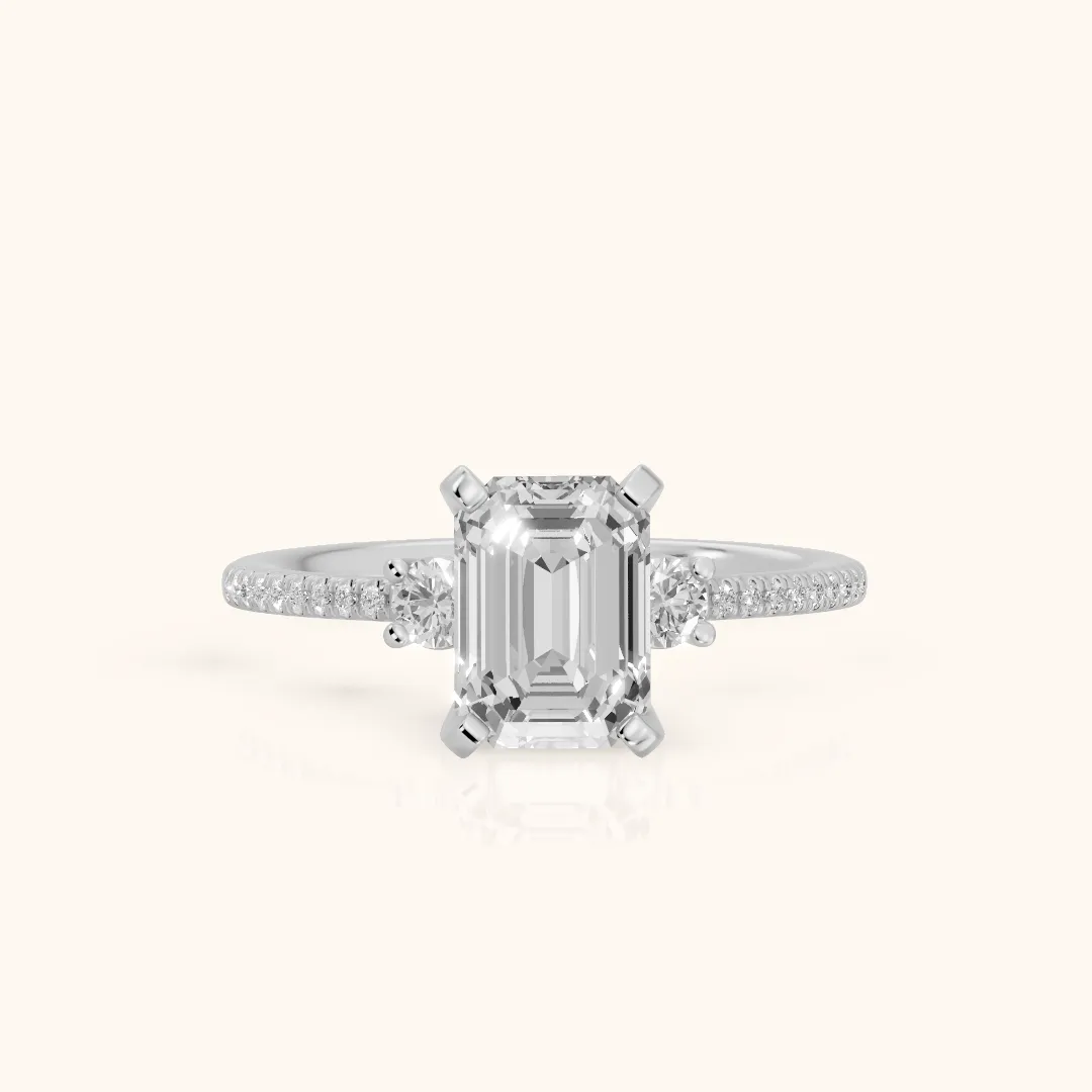 Nerissa Three-Stone Micropavé Emerald Diamond Engagement Ring in Silver — view 2