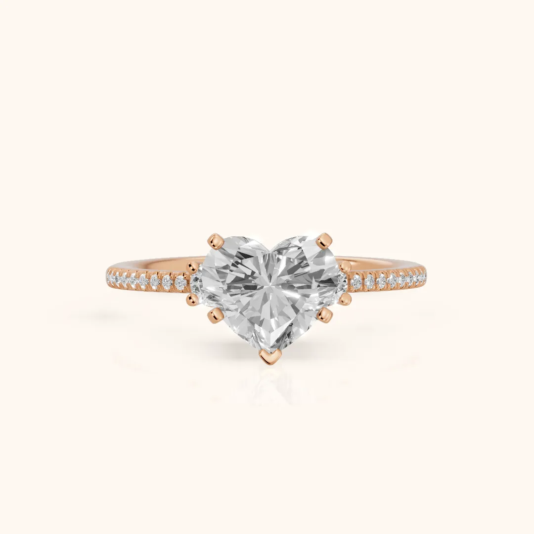 Nerissa Three-Stone Micropavé Heart Diamond Engagement Ring in Rose Gold — view 2