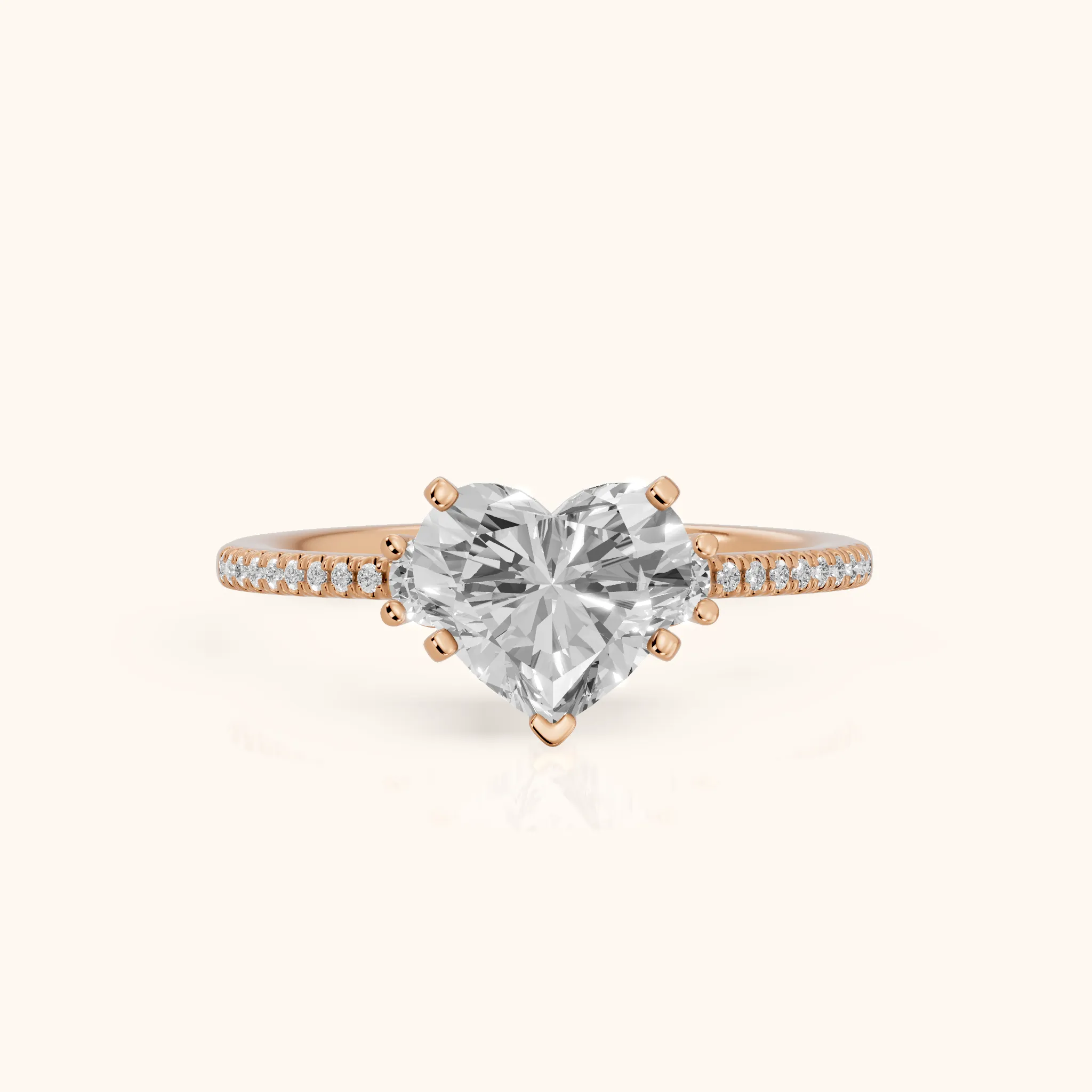 Nerissa Three-Stone Micropavé Heart Diamond Engagement Ring in Rose Gold — view 1