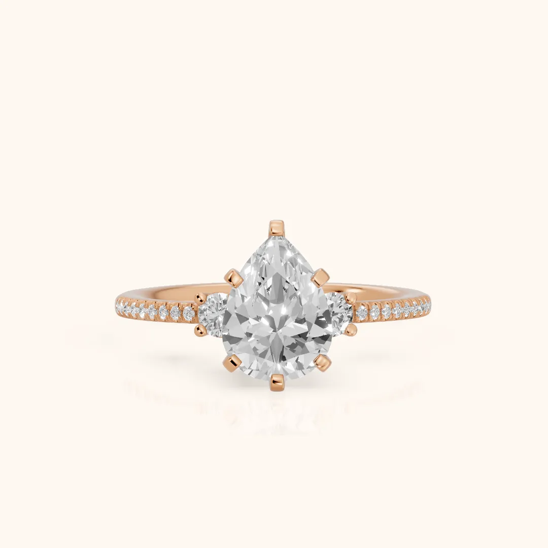 Nerissa Three-Stone Micropavé Pear Diamond Engagement Ring in Rose Gold — view 2