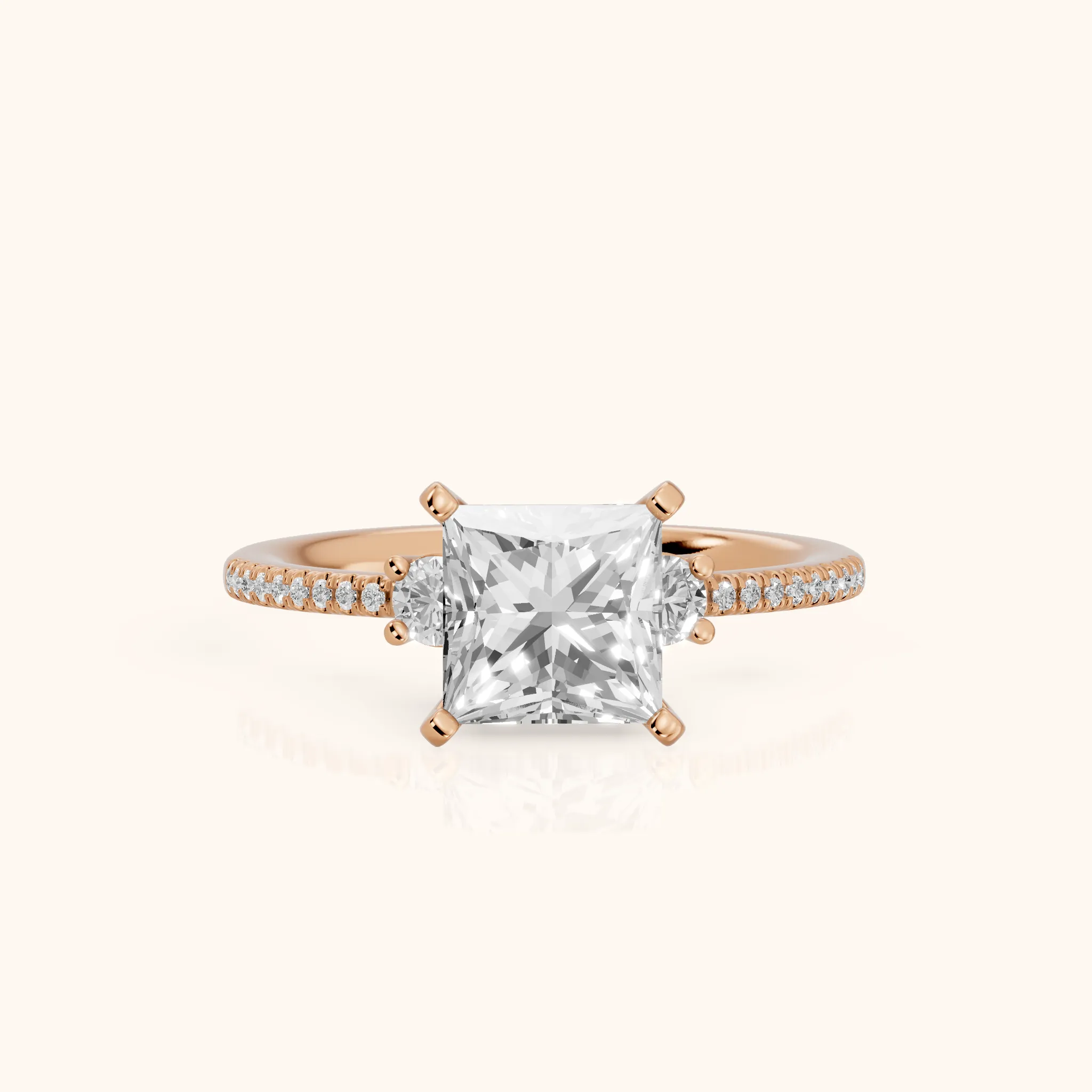 Nerissa Three-Stone Micropavé Princess Diamond Engagement Ring in Rose Gold — view 1