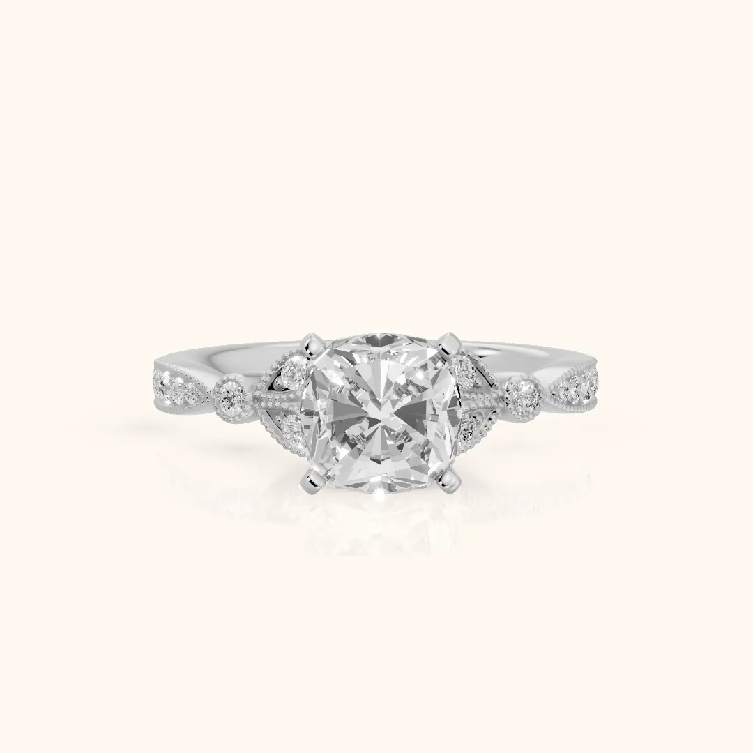 Ninette Vintage Leaf Cushion Diamond Engagement Ring in Platinum — view 2