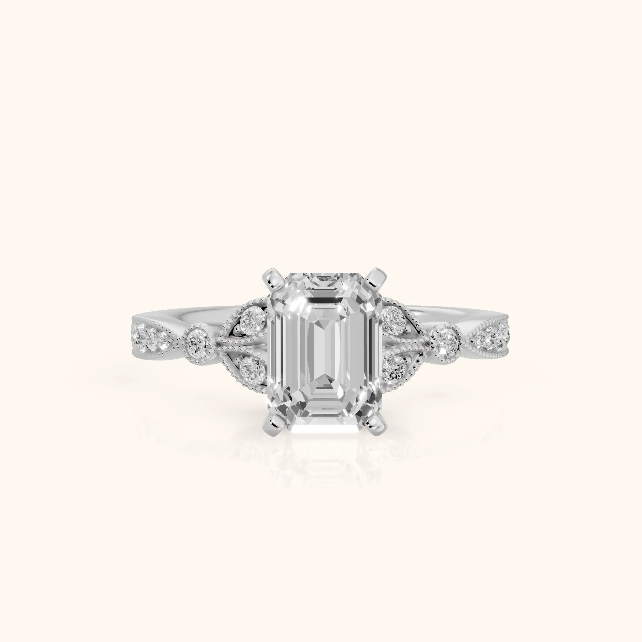 Ninette Vintage Leaf Emerald Diamond Engagement Ring in Platinum — view 1