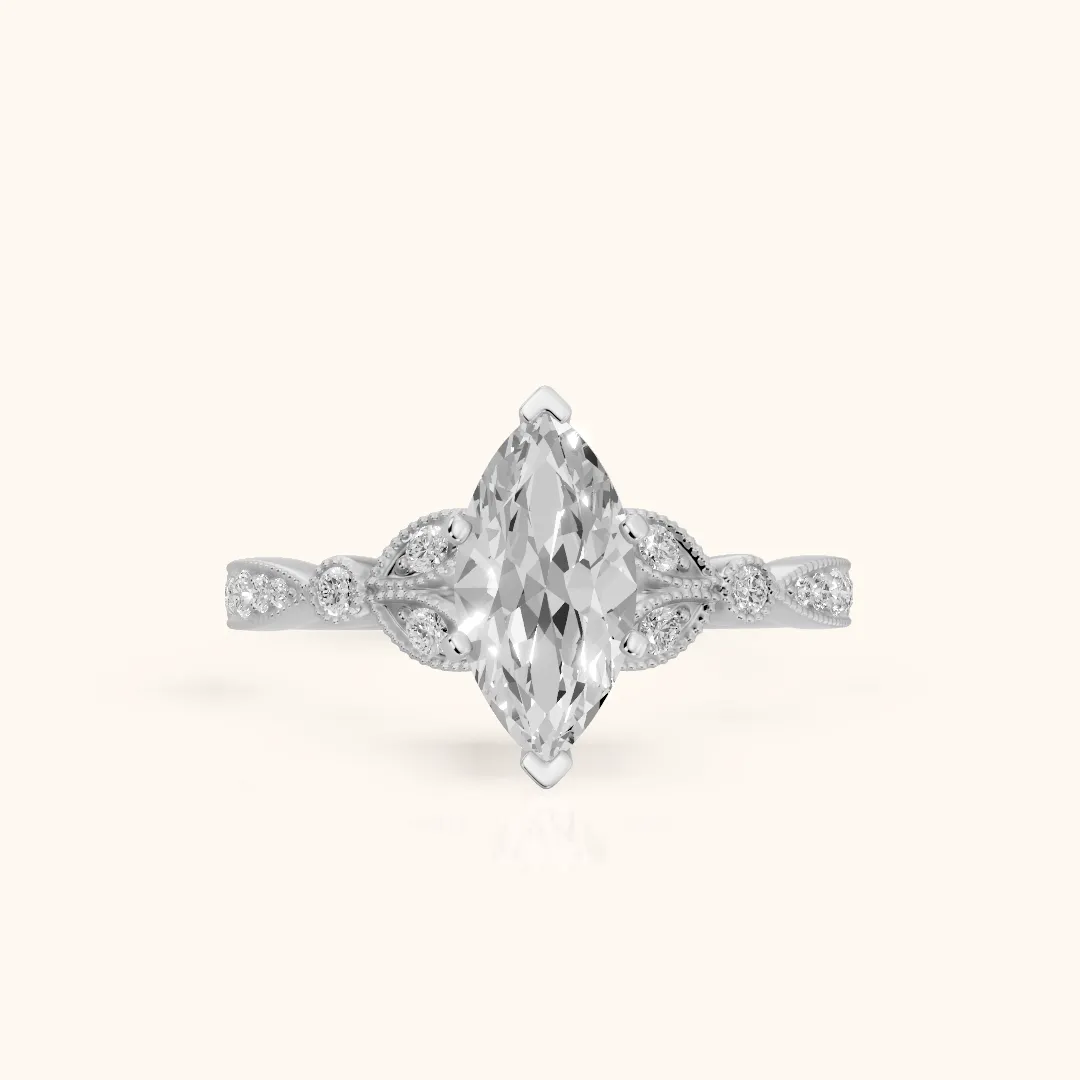 Ninette Vintage Leaf Marquise Diamond Engagement Ring in White Gold — view 2