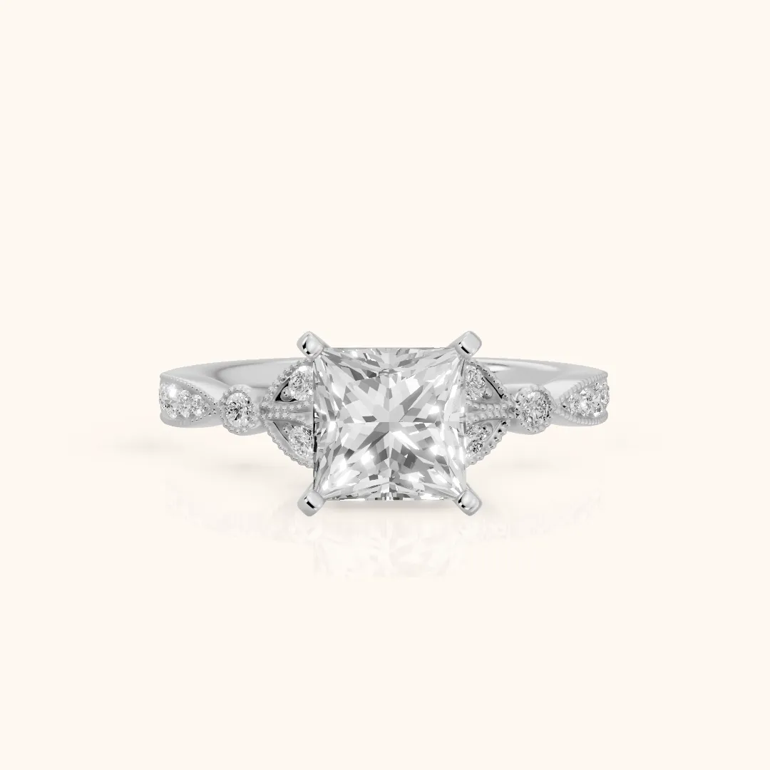 Ninette Vintage Leaf Princess Diamond Engagement Ring in White Gold — view 2