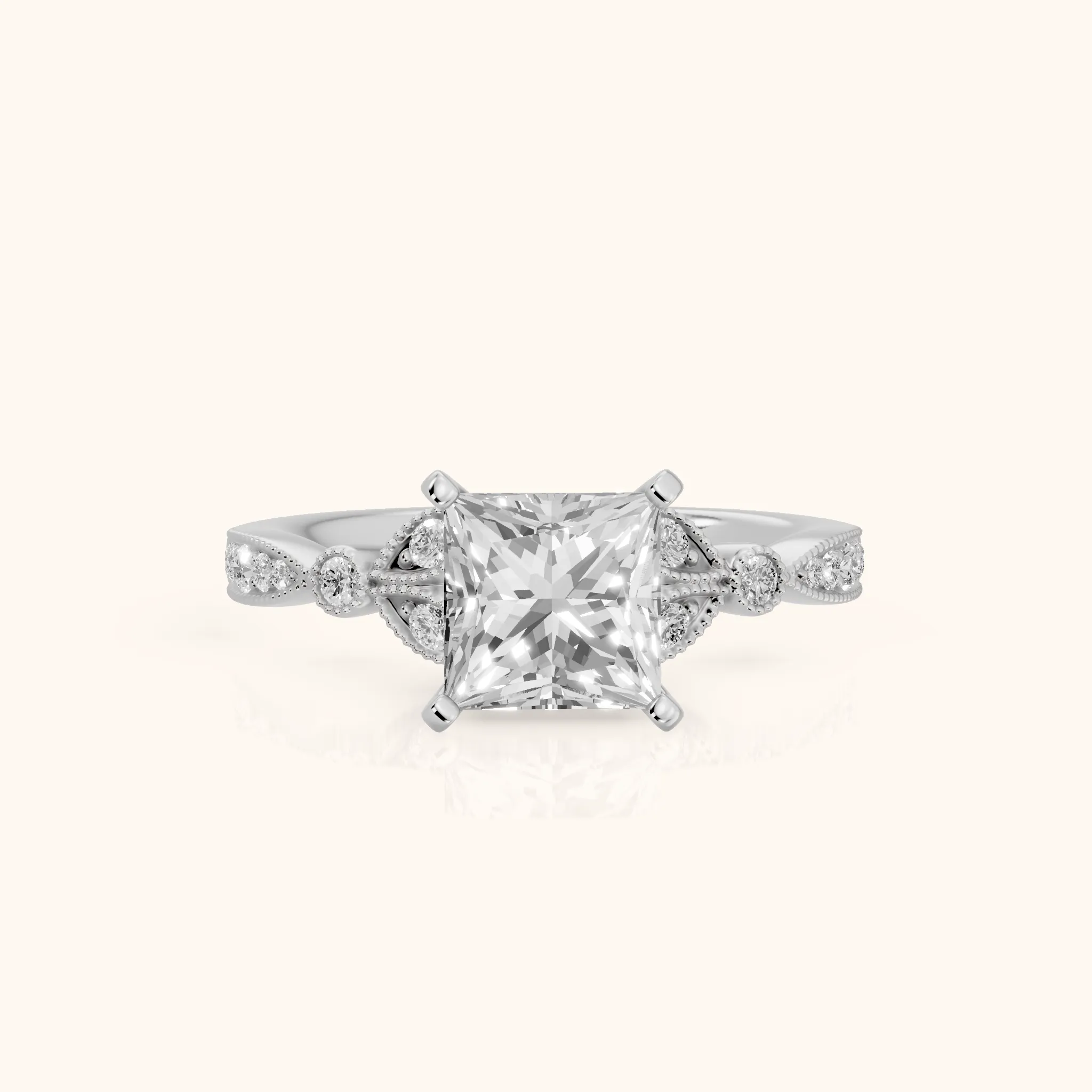 Ninette Vintage Leaf Princess Diamond Engagement Ring in White Gold — view 1
