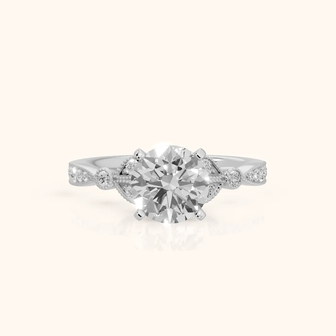 Ninette Vintage Leaf Round Diamond Engagement Ring in Silver — view 2