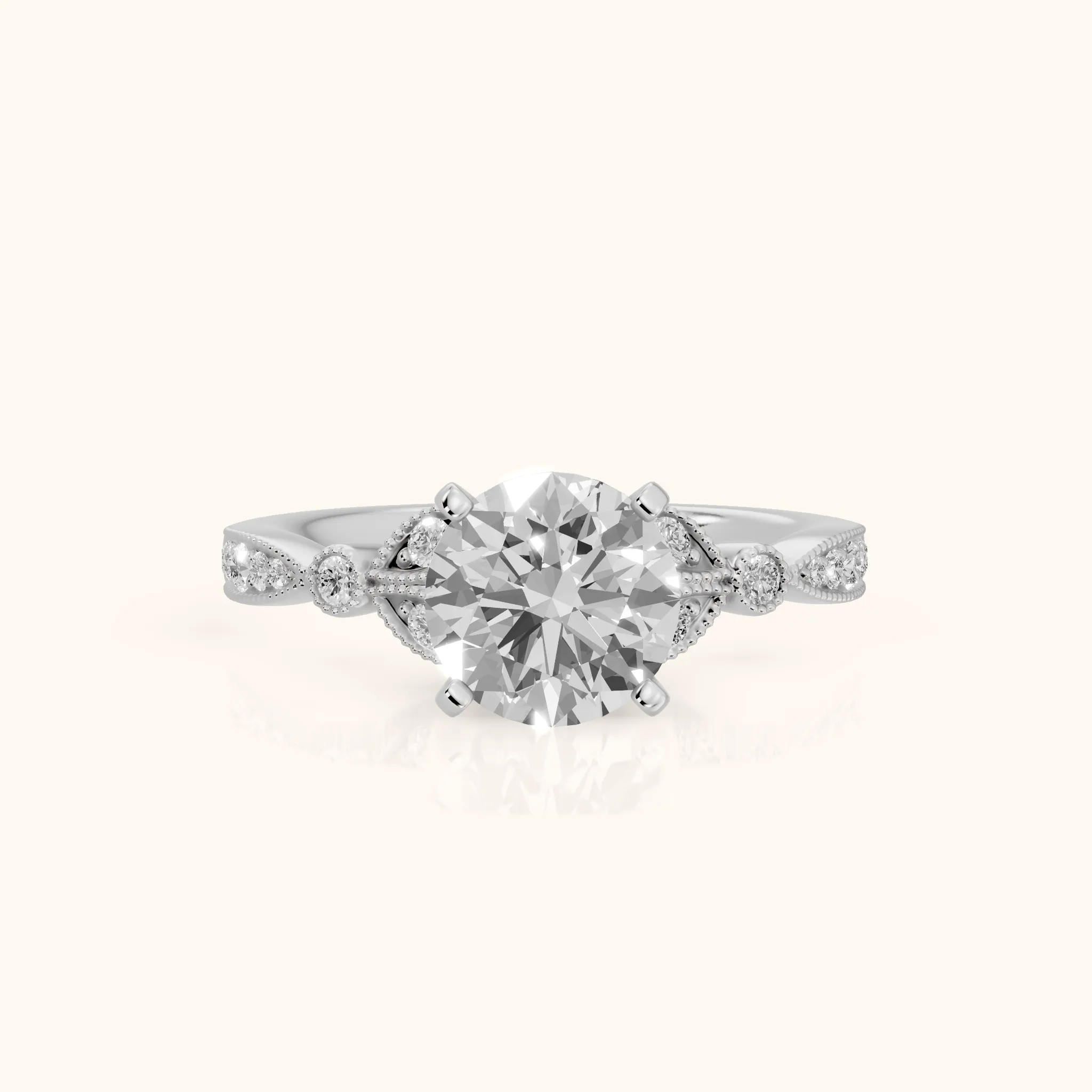 Ninette Vintage Leaf Round Diamond Engagement Ring in Silver — view 1