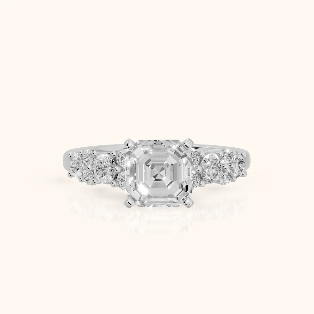 Roxana Graduated Cluster Asscher Diamond Engagement Ring in Silver — view 2