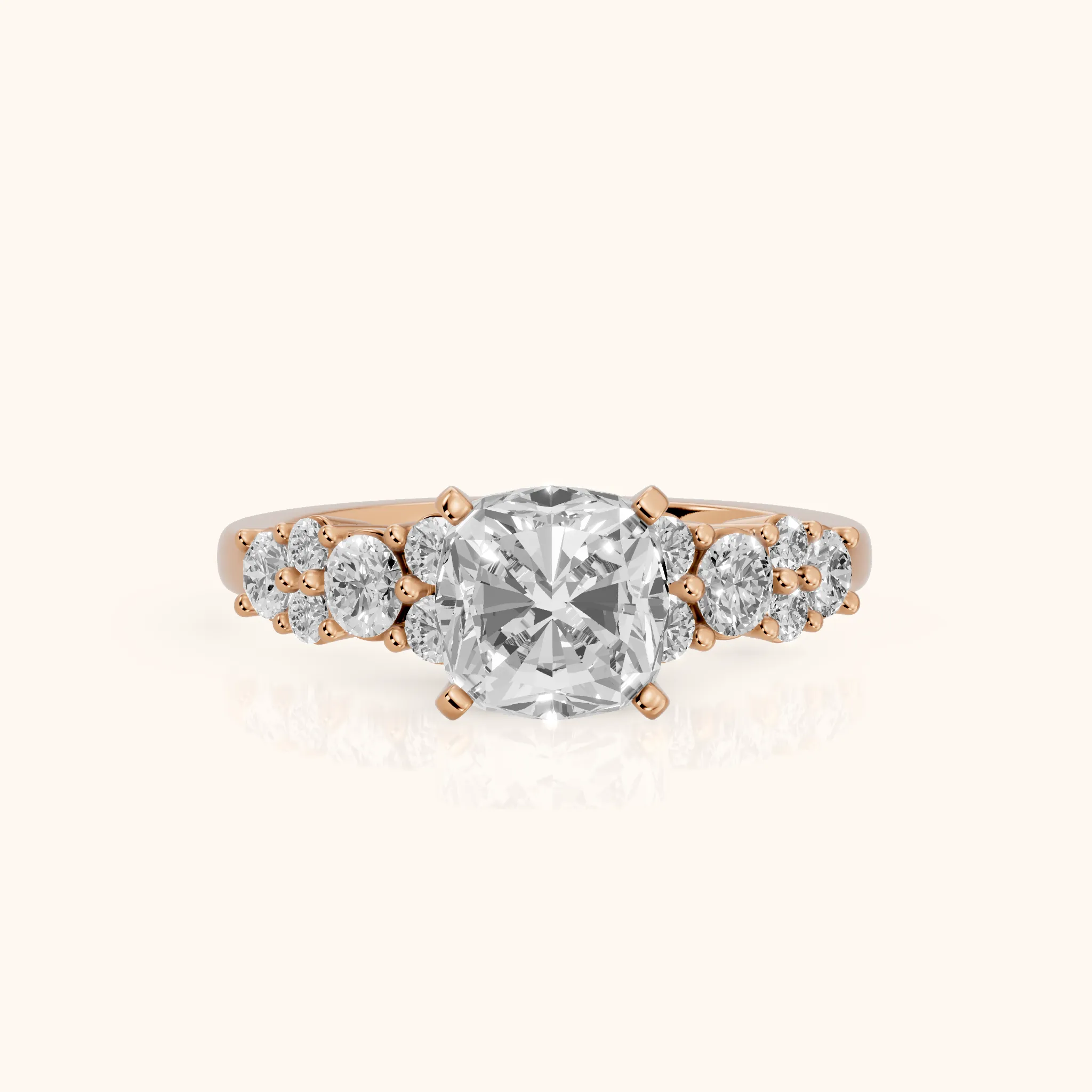 Roxana Graduated Cluster Cushion Diamond Engagement Ring in Rose Gold — view 1