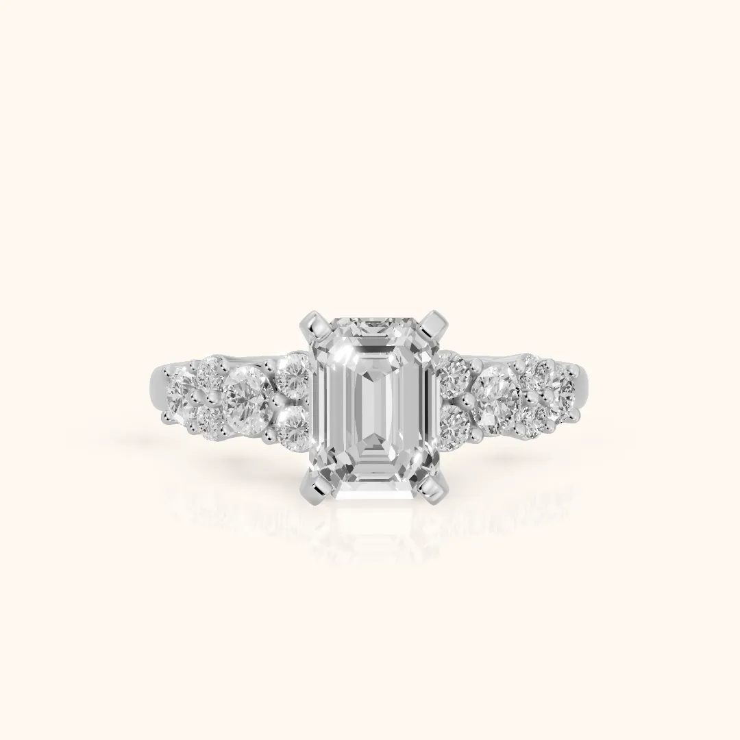 Roxana Graduated Cluster Emerald Diamond Engagement Ring in Silver — view 2