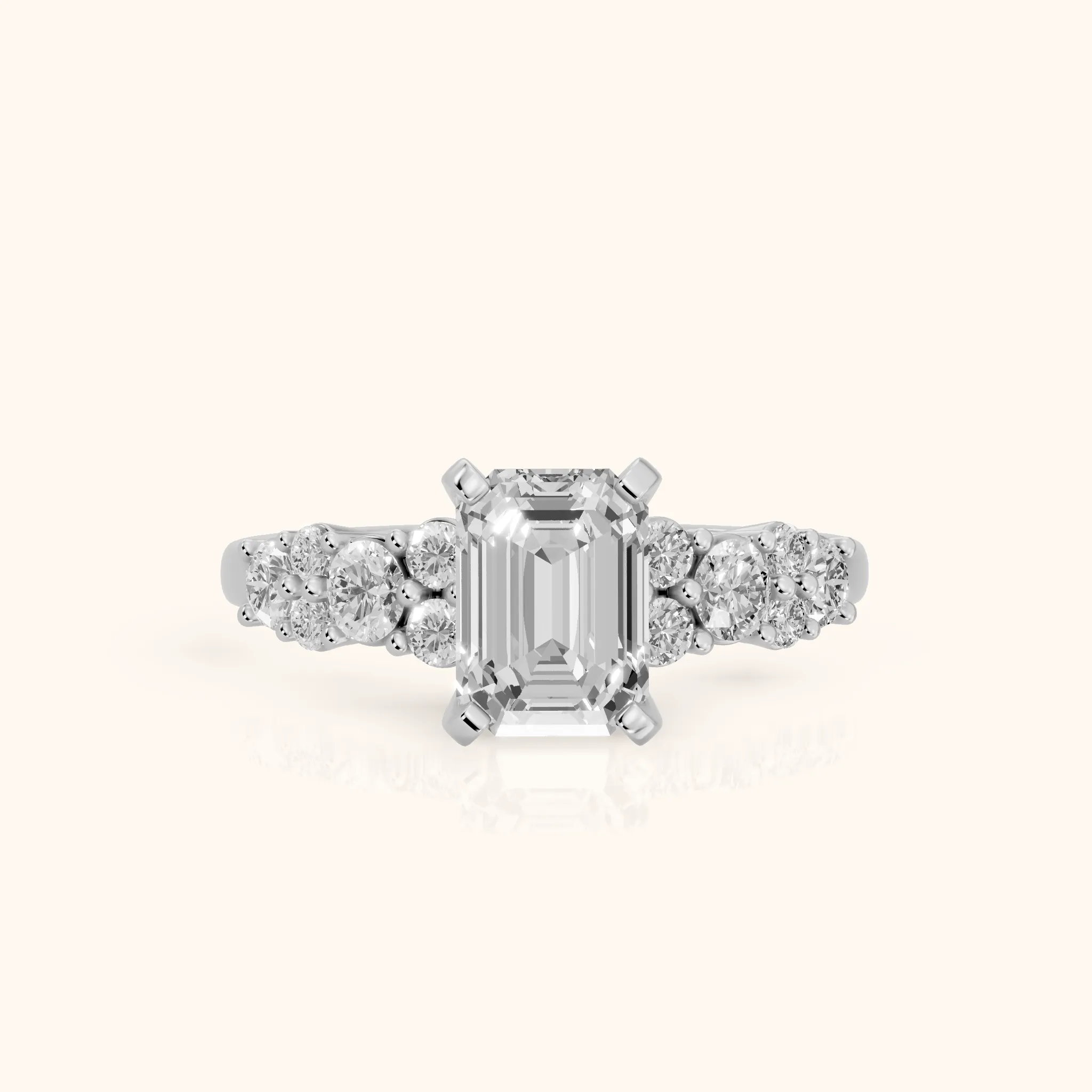 Roxana Graduated Cluster Emerald Diamond Engagement Ring in Silver — view 1