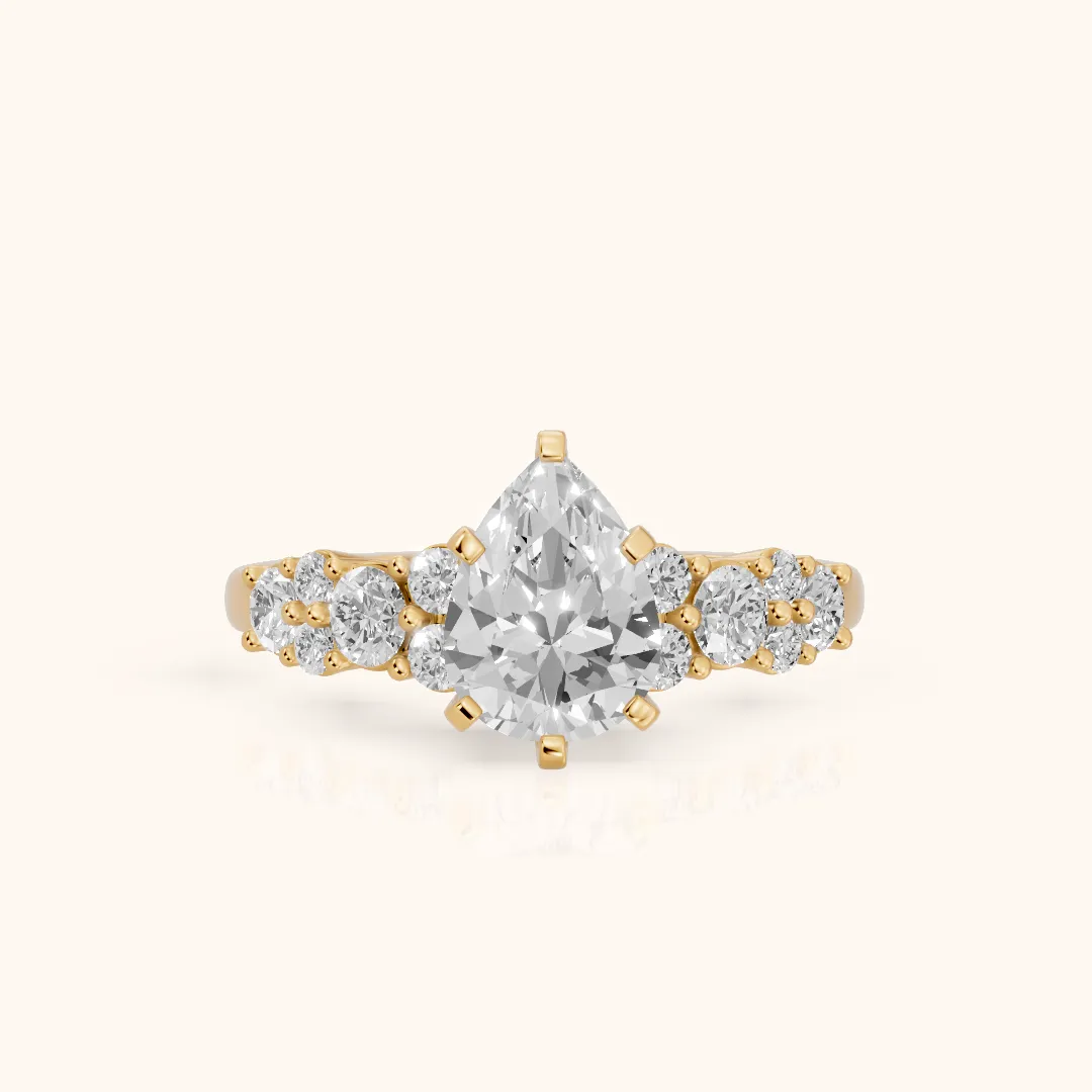 Roxana Graduated Cluster Pear Diamond Engagement Ring in Yellow Gold — view 2