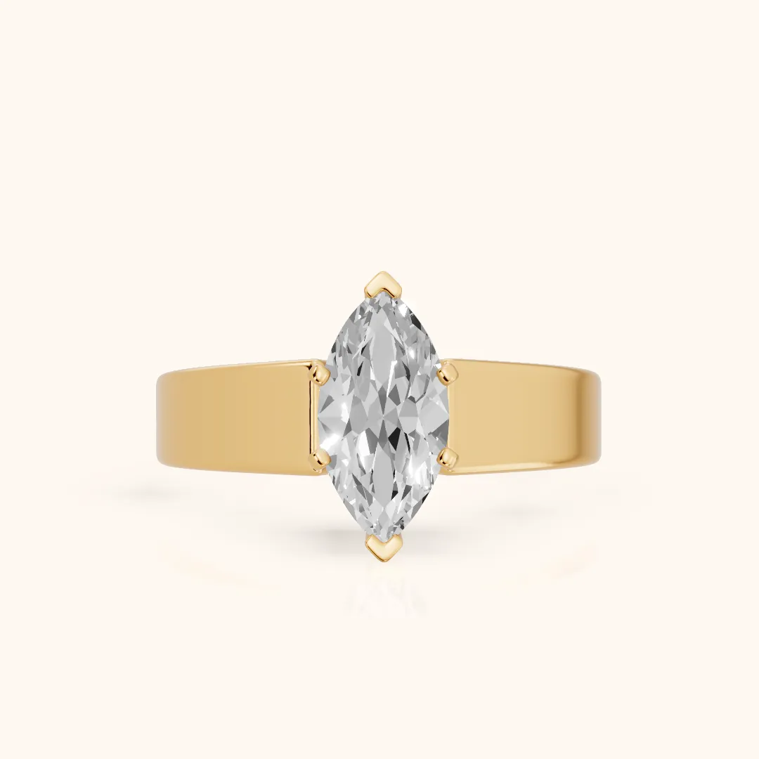 Susannah Wide Band Solitaire Marquise Diamond Engagement Ring in Yellow Gold — view 2
