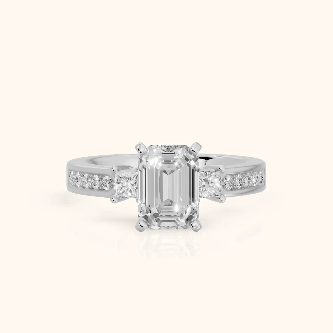 Ilona Three-Stone Channel Set Emerald Diamond Engagement Ring in White Gold — view 2