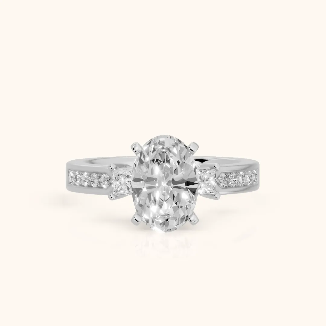 Ilona Three-Stone Channel Set Oval Diamond Engagement Ring in Silver — view 2