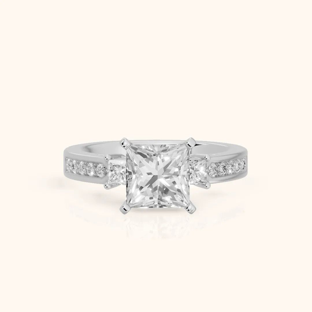 Ilona Three-Stone Channel Set Princess Diamond Engagement Ring in Silver — view 2