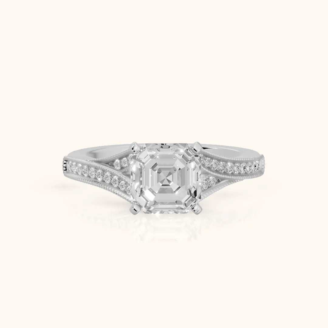Nara Milgrain Split Shank Asscher Diamond Engagement Ring in White Gold — view 2