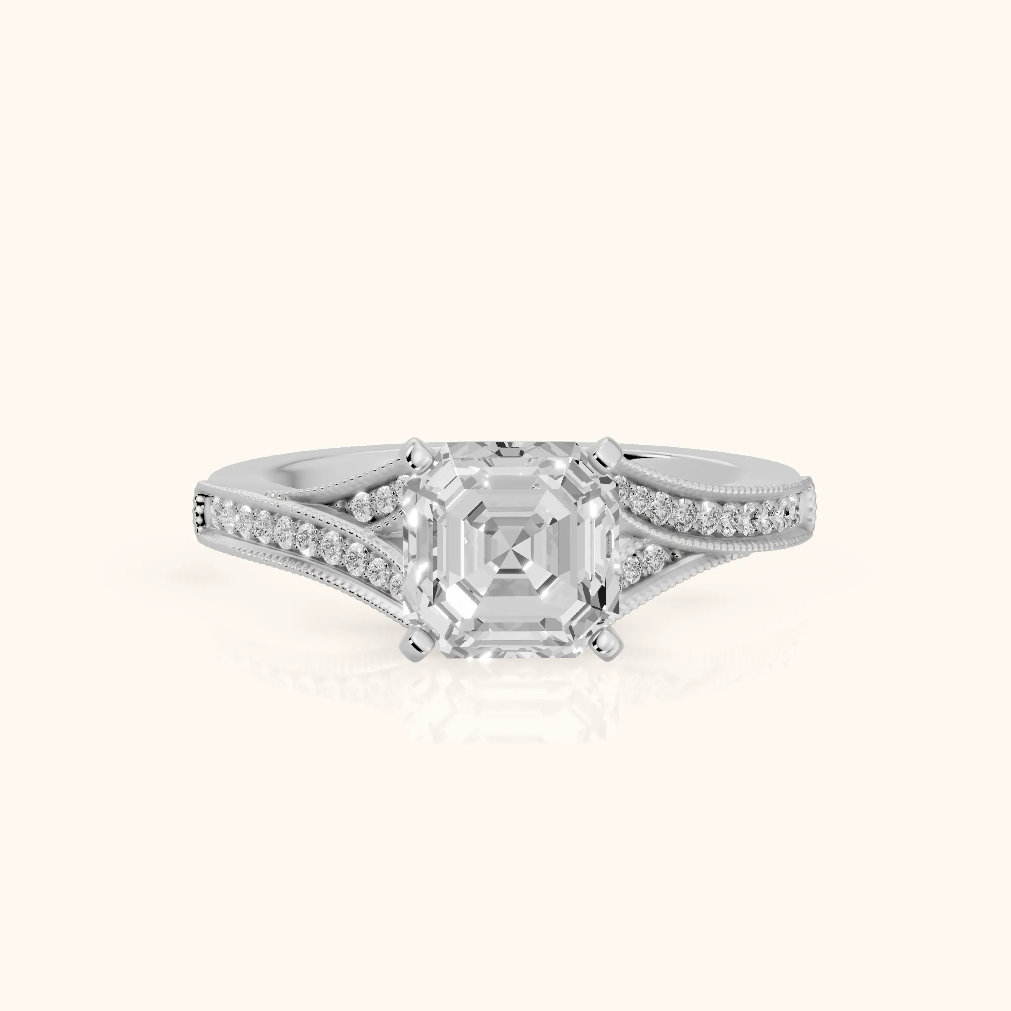 Nara Milgrain Split Shank Asscher Diamond Engagement Ring in White Gold — view 1