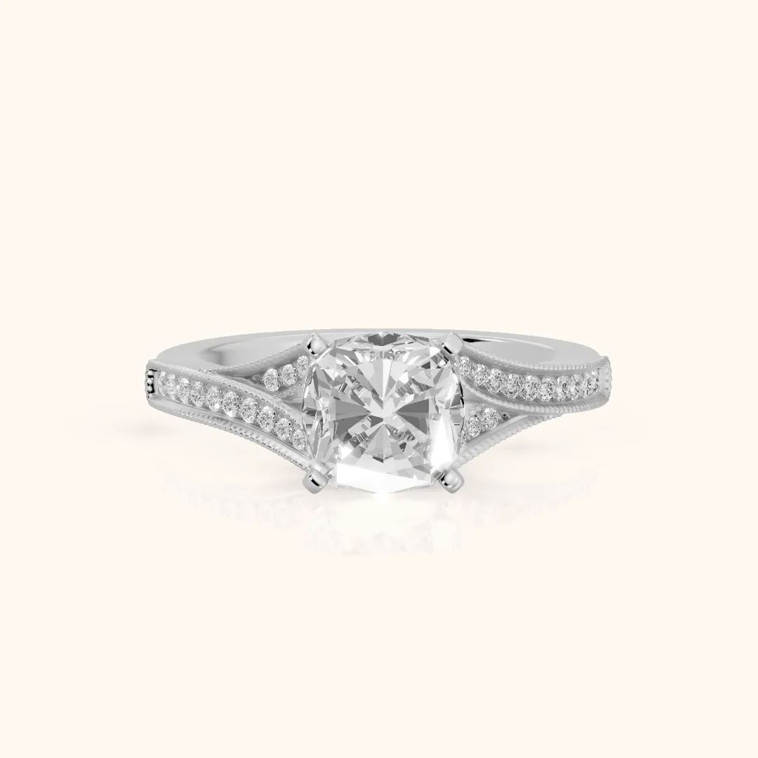 Nara Milgrain Split Shank Cushion Diamond Engagement Ring in Silver — view 2