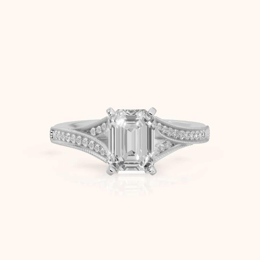 Nara Milgrain Split Shank Emerald Diamond Engagement Ring in Silver — view 2