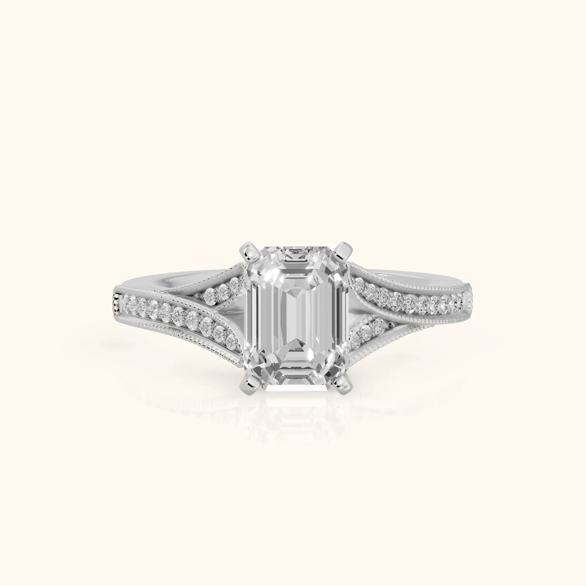 Nara Milgrain Split Shank Emerald Diamond Engagement Ring in Silver — view 1