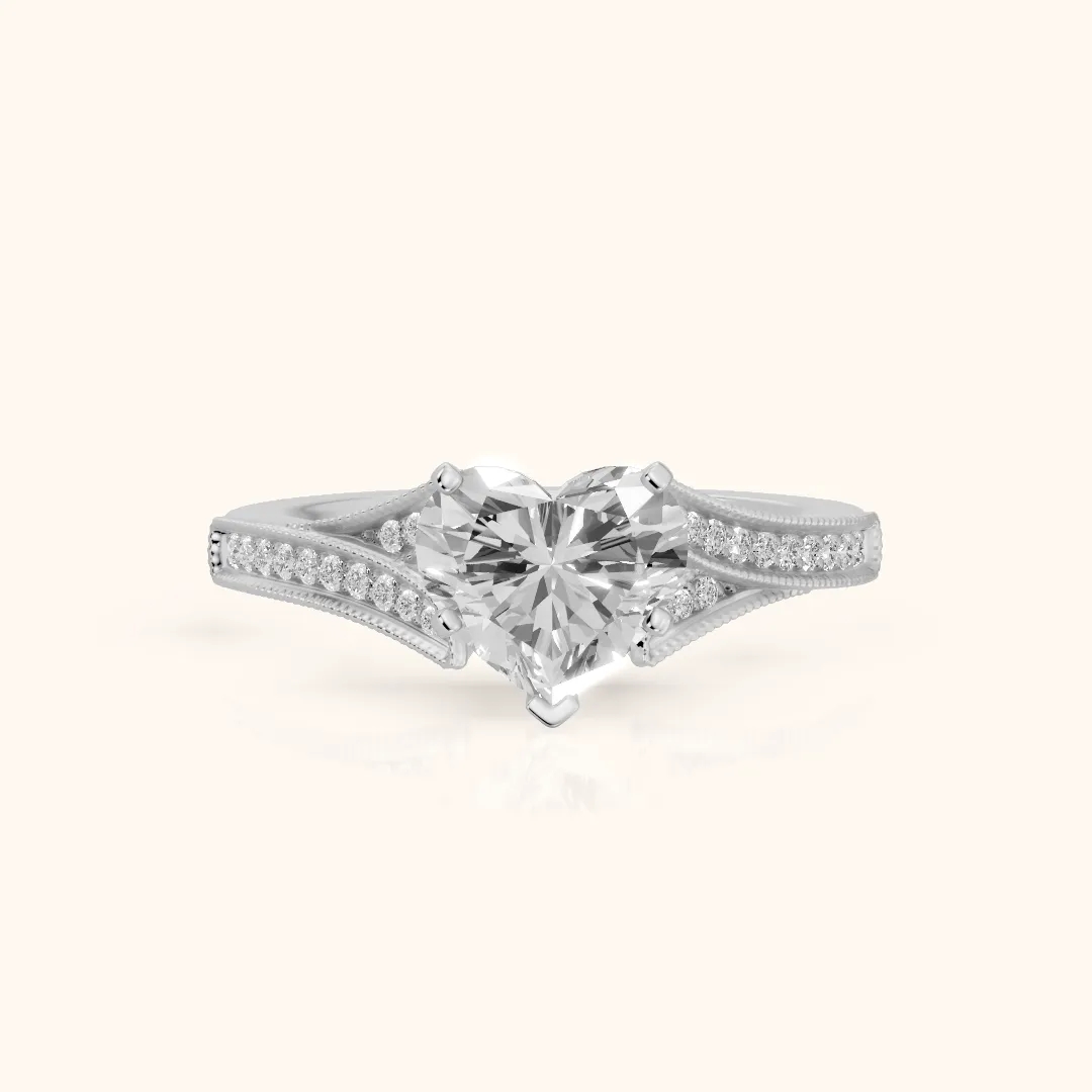 Nara Milgrain Split Shank Heart Diamond Engagement Ring in Silver — view 2