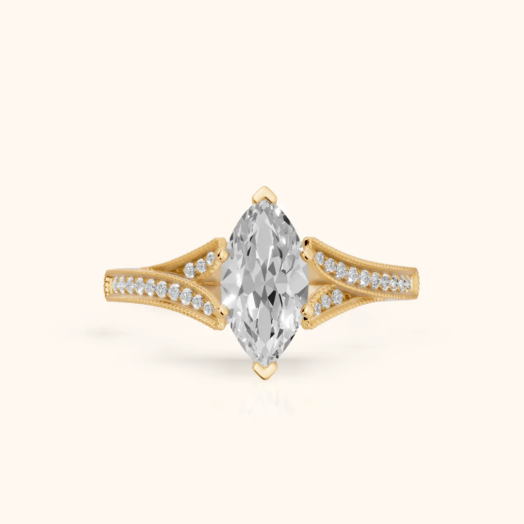 Nara Milgrain Split Shank Marquise Diamond Engagement Ring in Yellow Gold — view 2