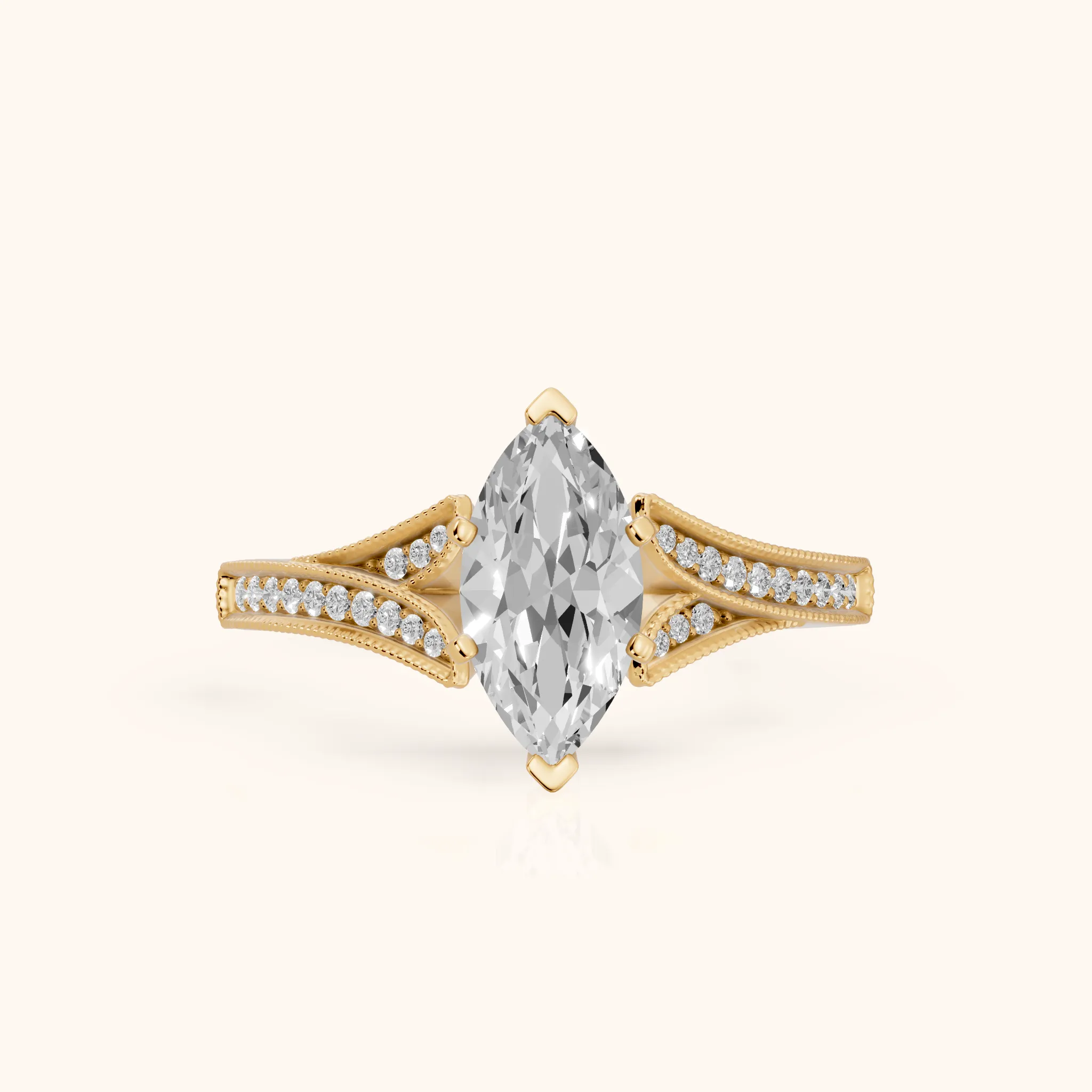 Nara Milgrain Split Shank Marquise Diamond Engagement Ring in Yellow Gold — view 1
