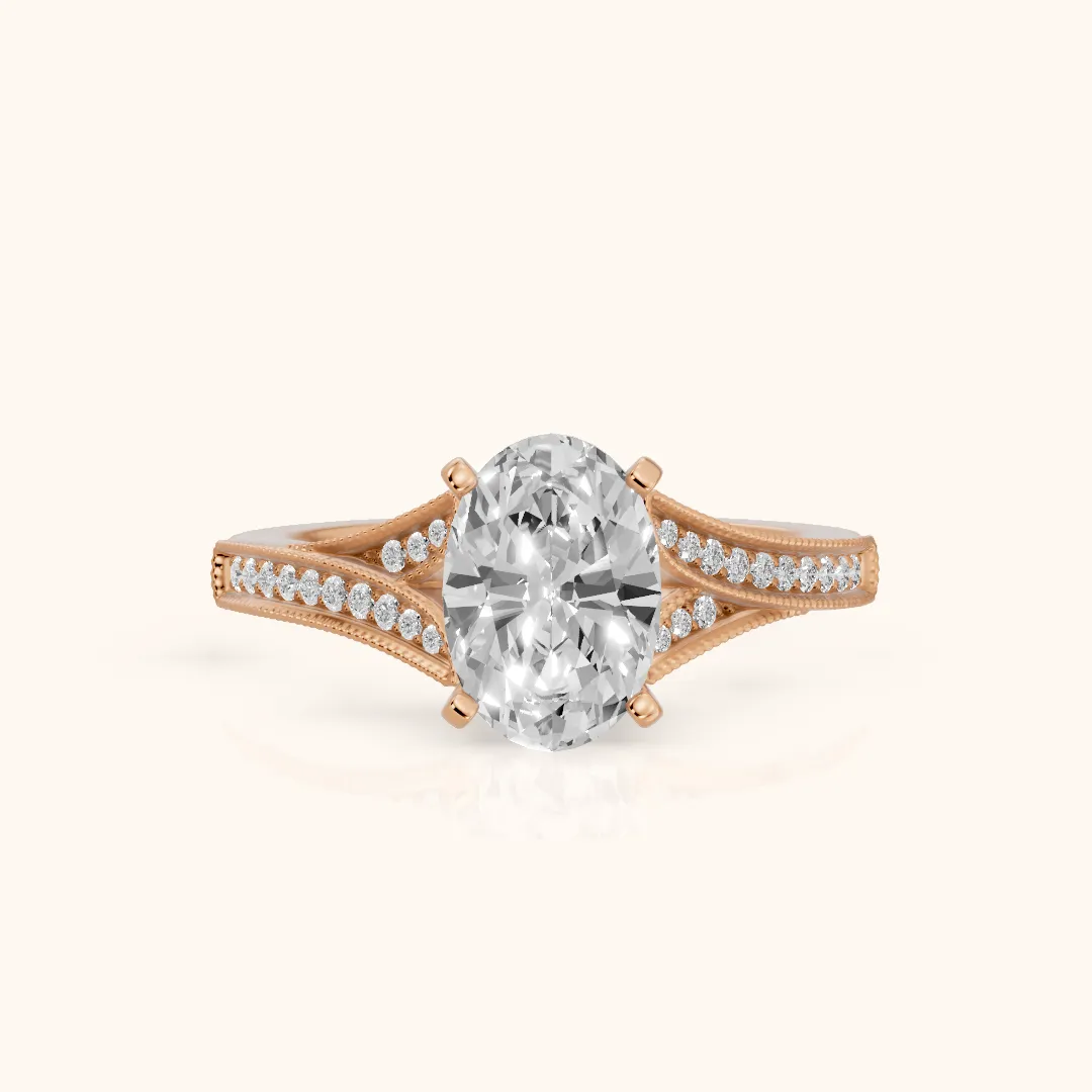 Nara Milgrain Split Shank Oval Diamond Engagement Ring in Rose Gold — view 2