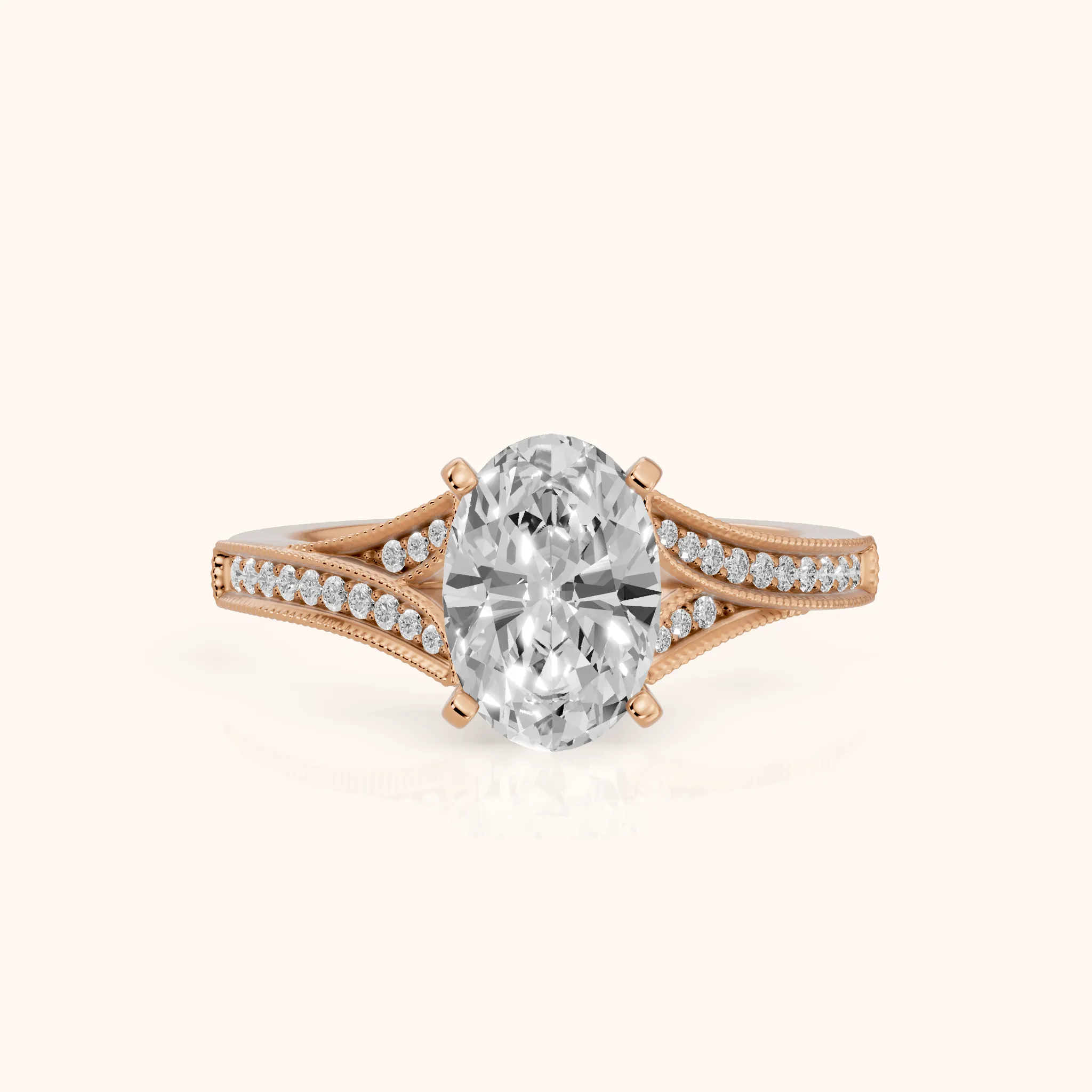 Nara Milgrain Split Shank Oval Diamond Engagement Ring in Rose Gold — view 1