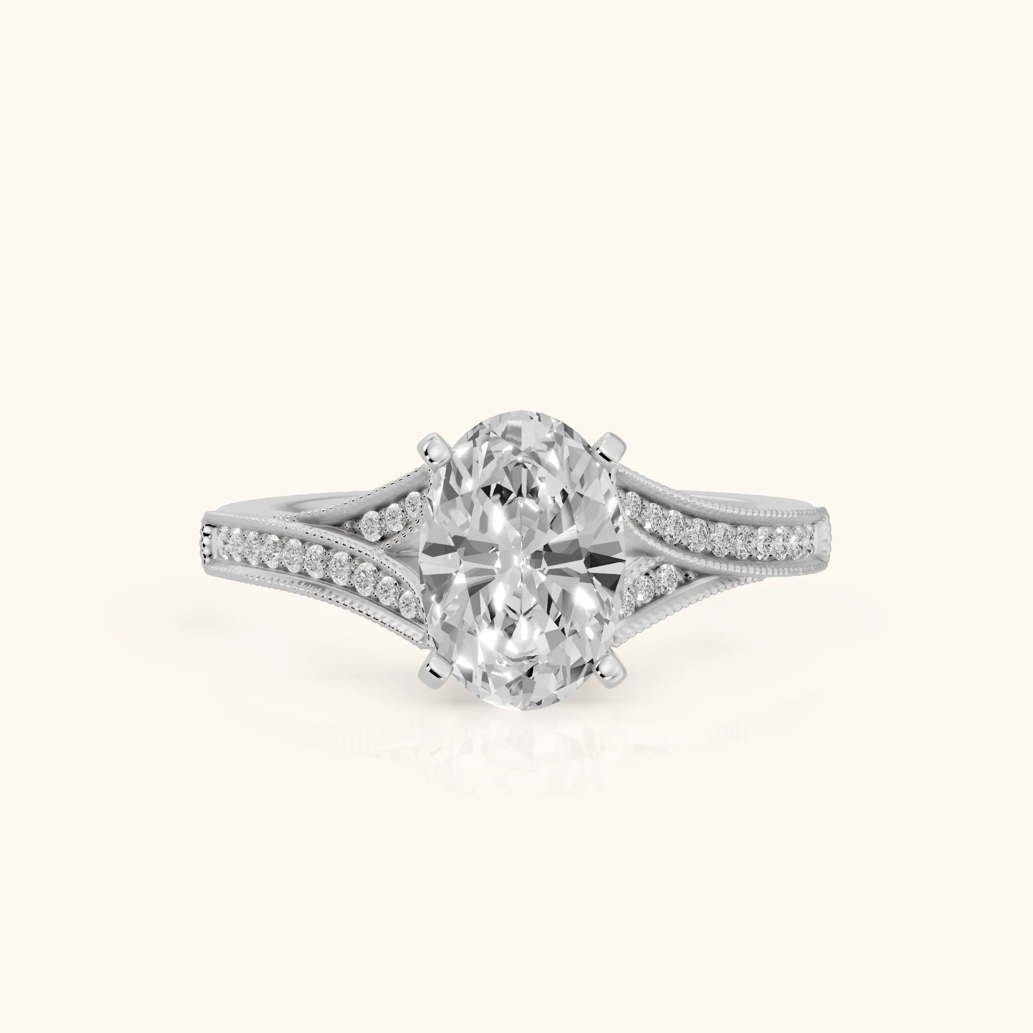 Nara Milgrain Split Shank Oval Diamond Engagement Ring in Silver — view 1