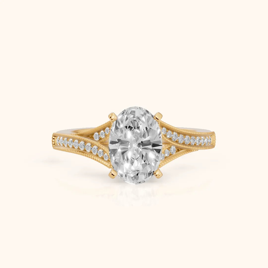 Nara Milgrain Split Shank Oval Diamond Engagement Ring in Yellow Gold — view 2