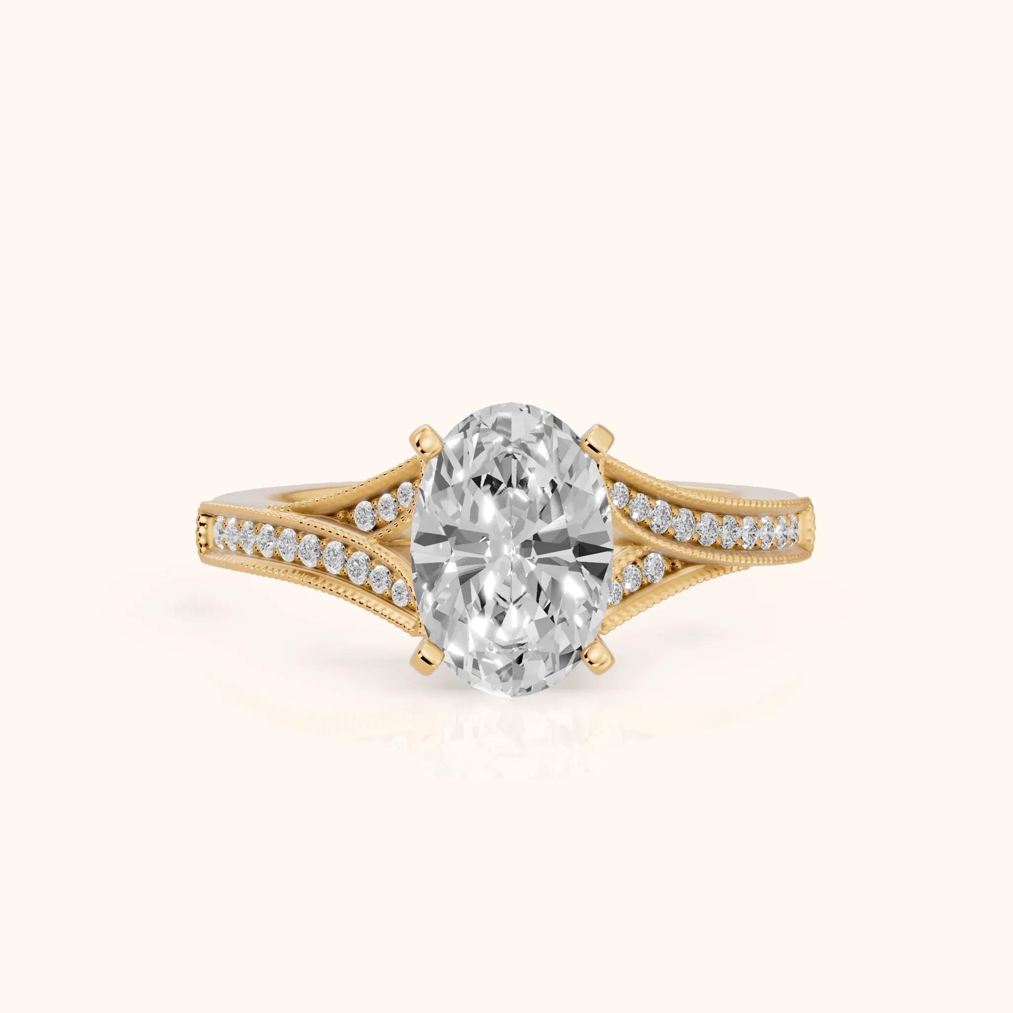 Nara Milgrain Split Shank Oval Diamond Engagement Ring in Yellow Gold — view 1