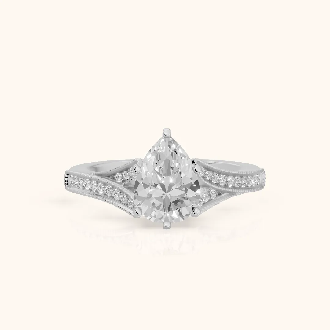 Nara Milgrain Split Shank Pear Diamond Engagement Ring in Platinum — view 2