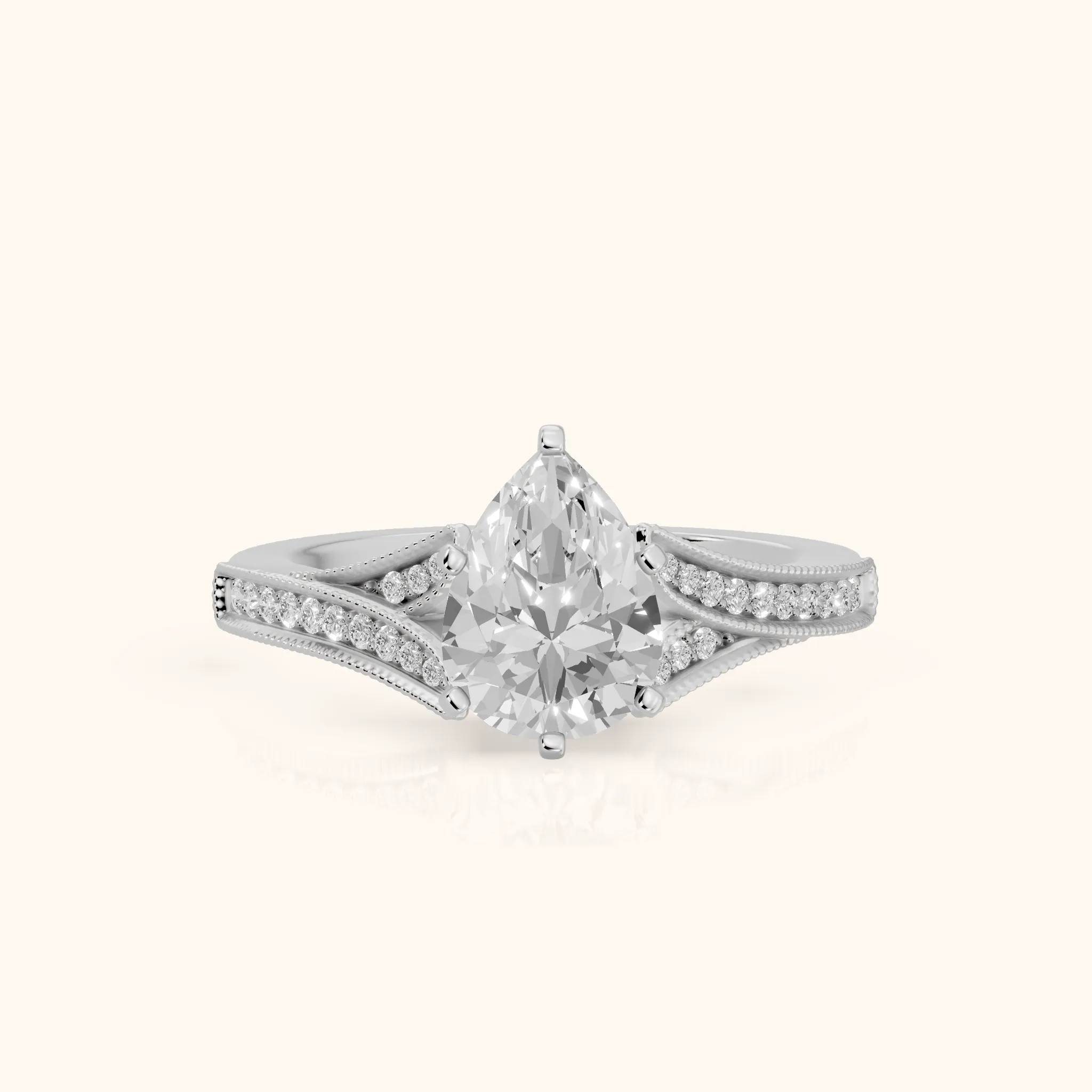 Nara Milgrain Split Shank Pear Diamond Engagement Ring in Platinum — view 1