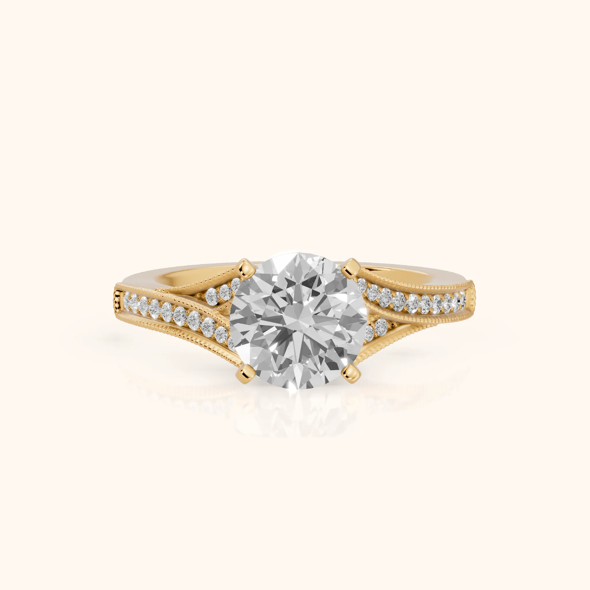 Nara Milgrain Split Shank Round Diamond Engagement Ring in Yellow Gold — view 1