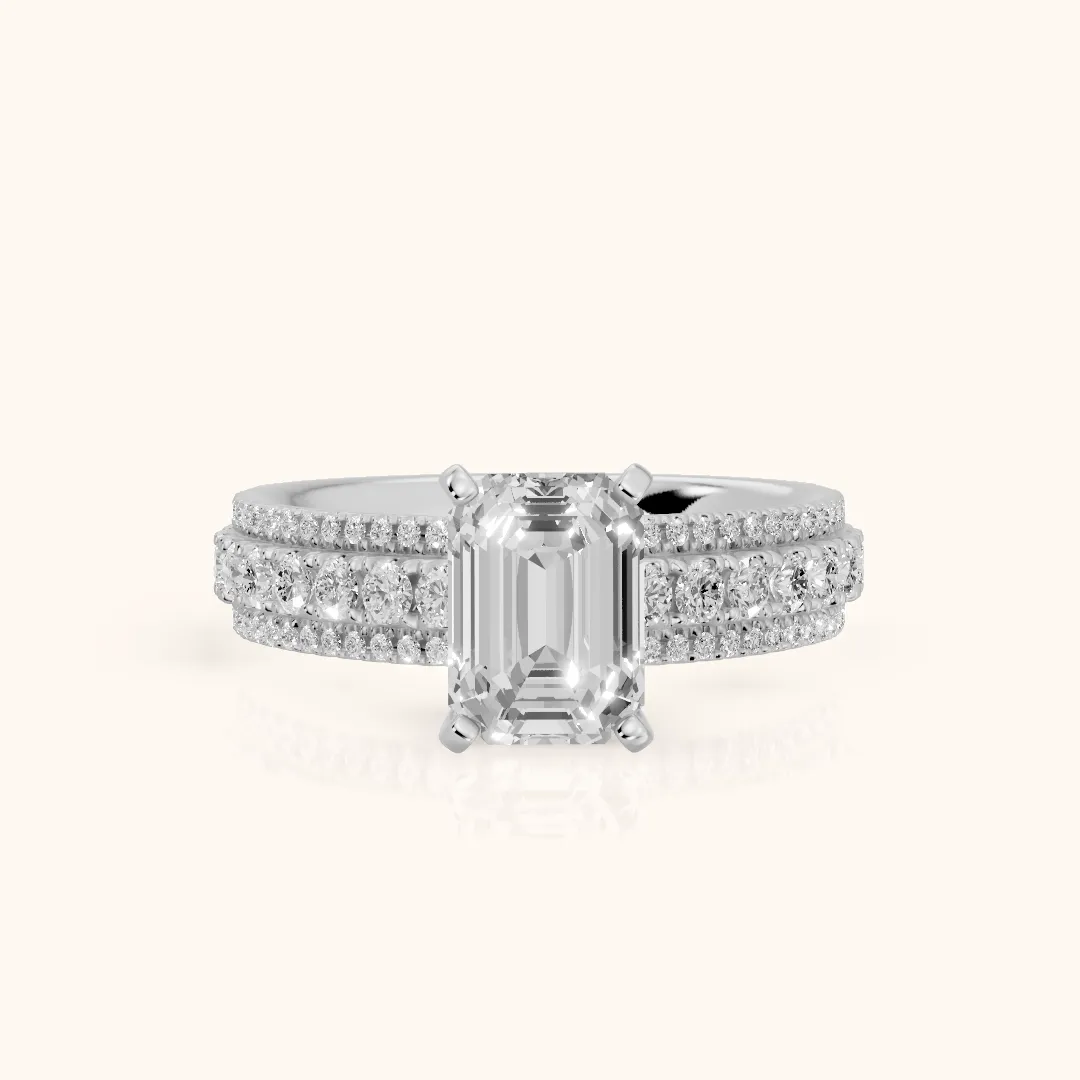 Oona Wide Band Pavé Emerald Diamond Engagement Ring in Silver — view 2