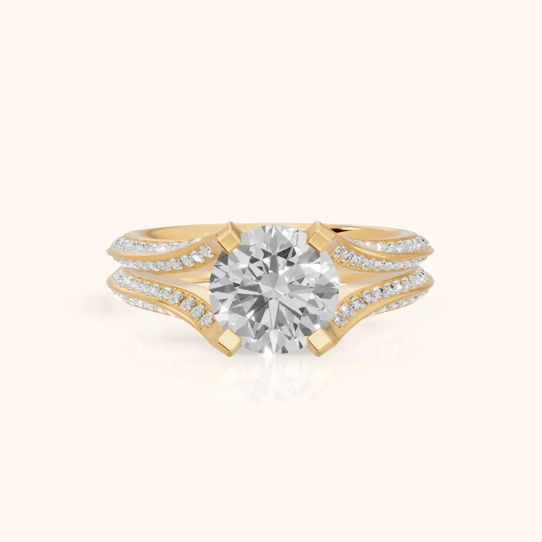 Perla Hidden Halo Split Shank Round Diamond Engagement Ring in Yellow Gold — view 2