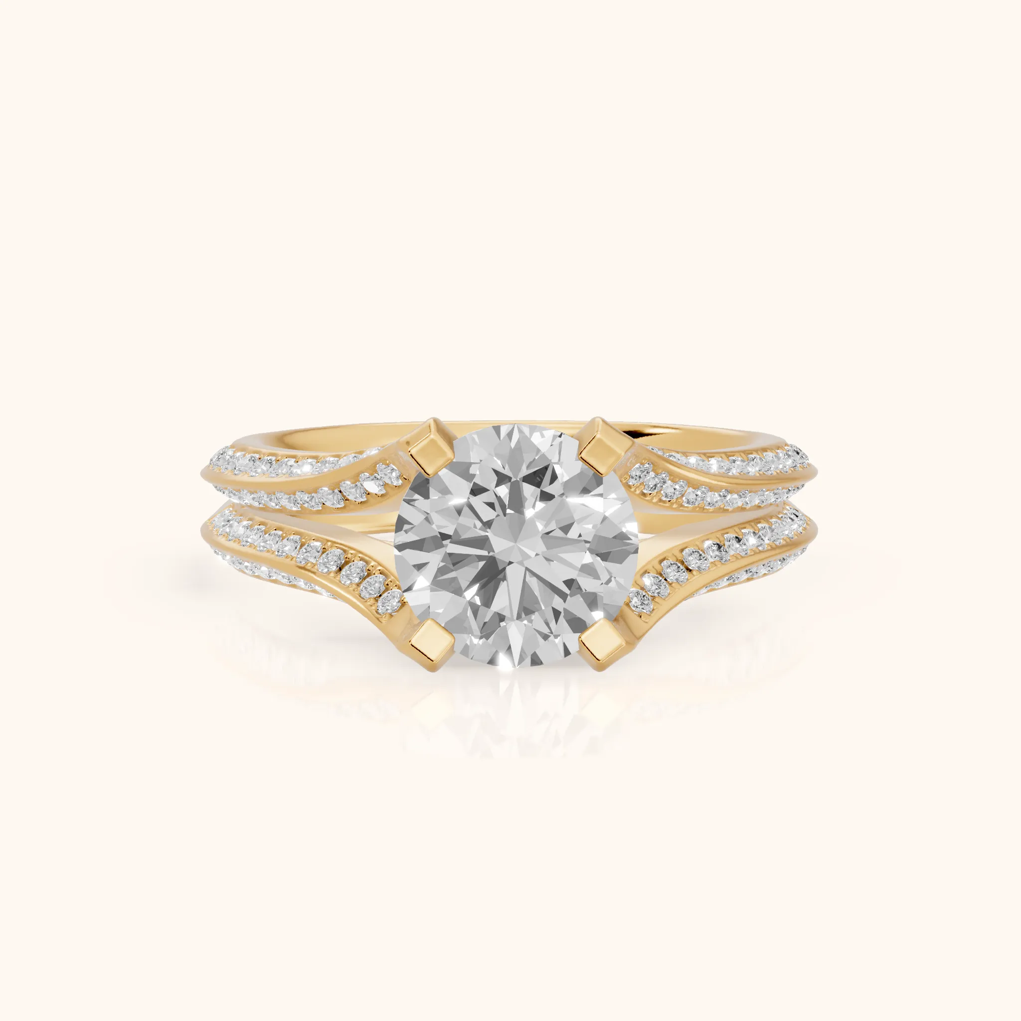 Perla Hidden Halo Split Shank Round Diamond Engagement Ring in Yellow Gold — view 1