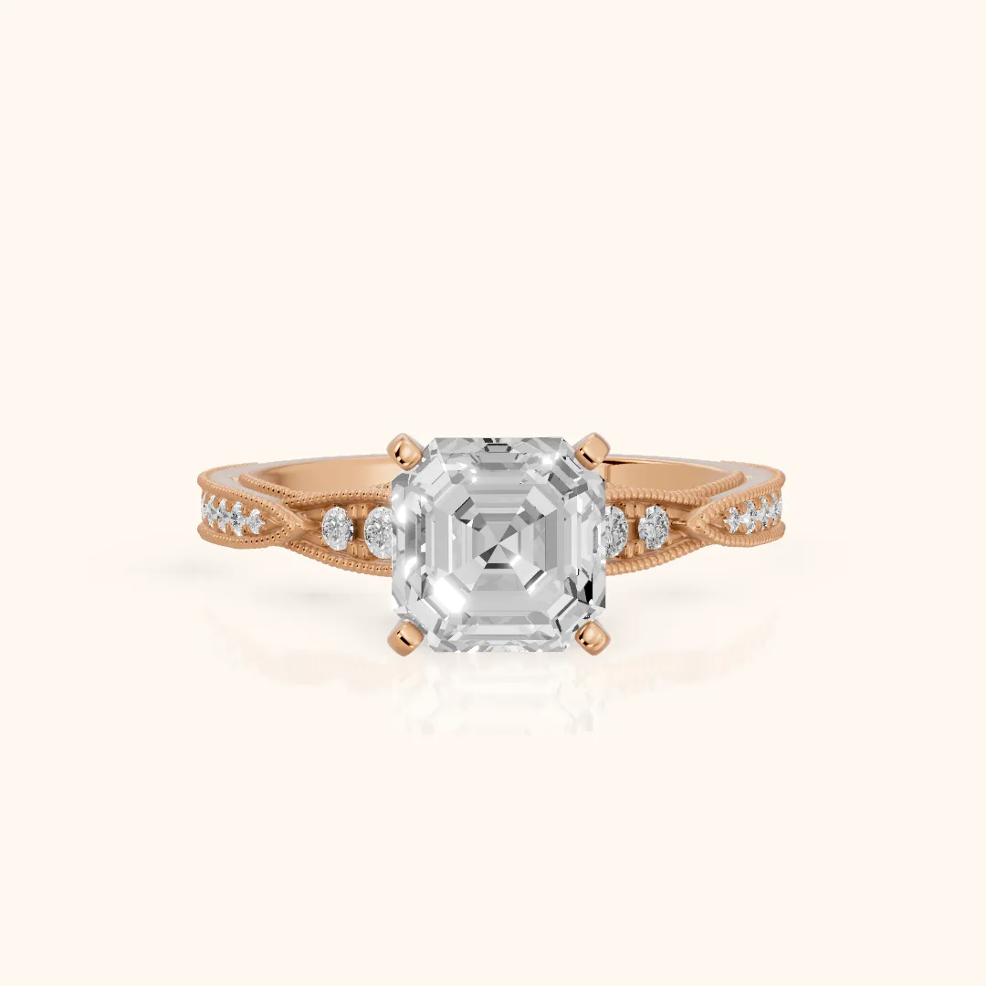 Lucette Scalloped Milgrain Asscher Diamond Engagement Ring in Rose Gold — view 2