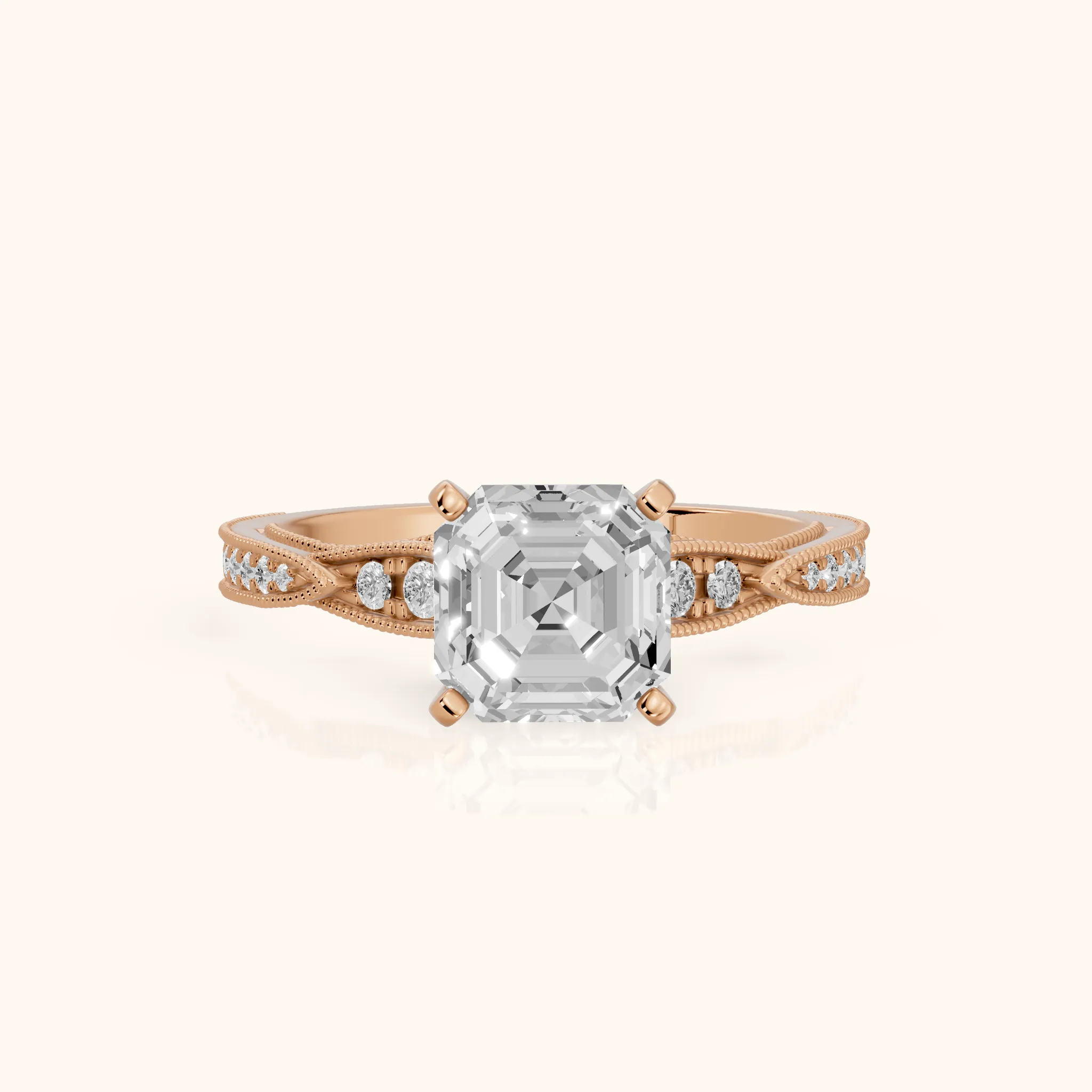 Lucette Scalloped Milgrain Asscher Diamond Engagement Ring in Rose Gold — view 1