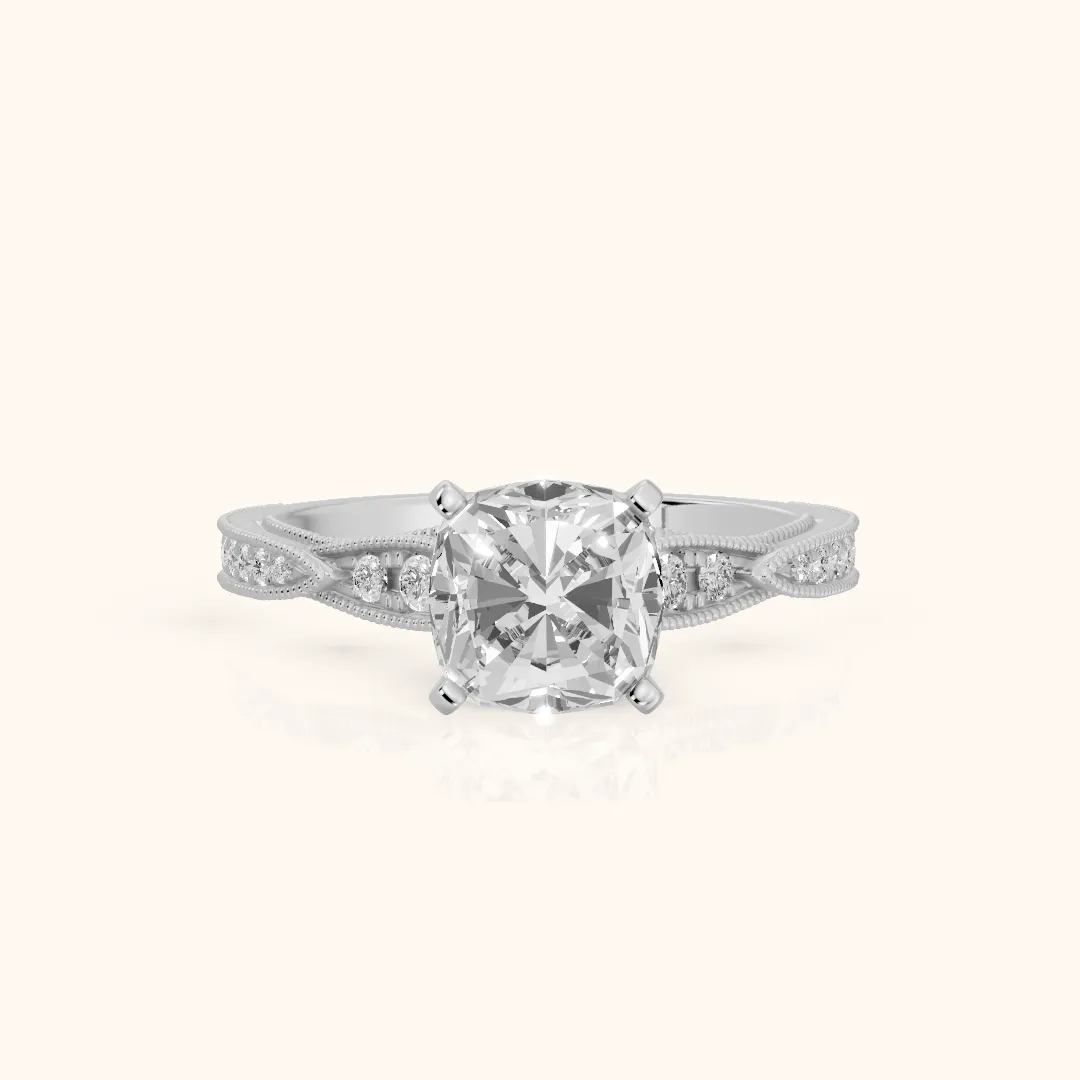 Lucette Scalloped Milgrain Cushion Diamond Engagement Ring in Silver — view 2