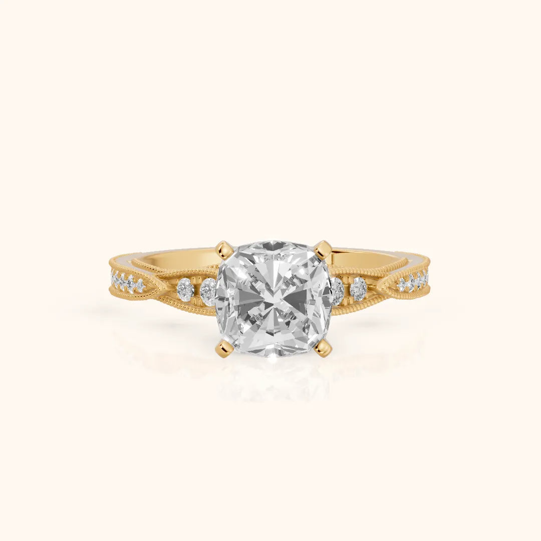 Lucette Scalloped Milgrain Cushion Diamond Engagement Ring in Yellow Gold — view 2