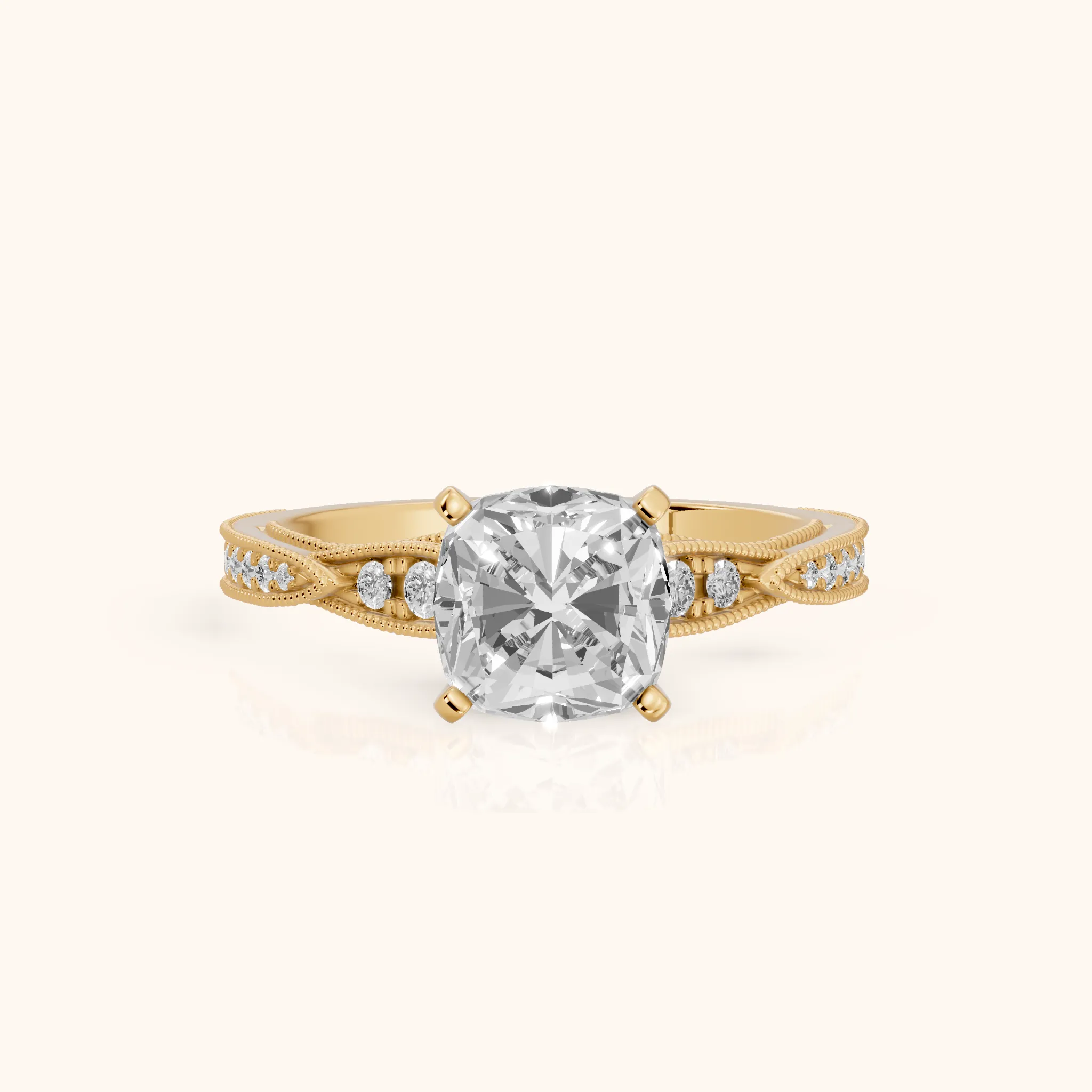 Lucette Scalloped Milgrain Cushion Diamond Engagement Ring in Yellow Gold — view 1