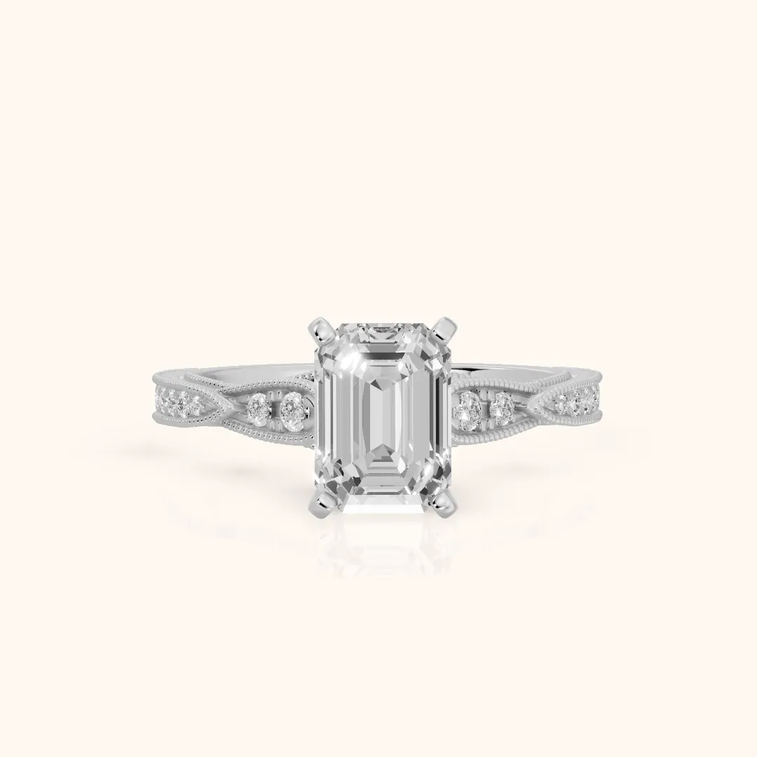 Lucette Scalloped Milgrain Emerald Diamond Engagement Ring in White Gold — view 2