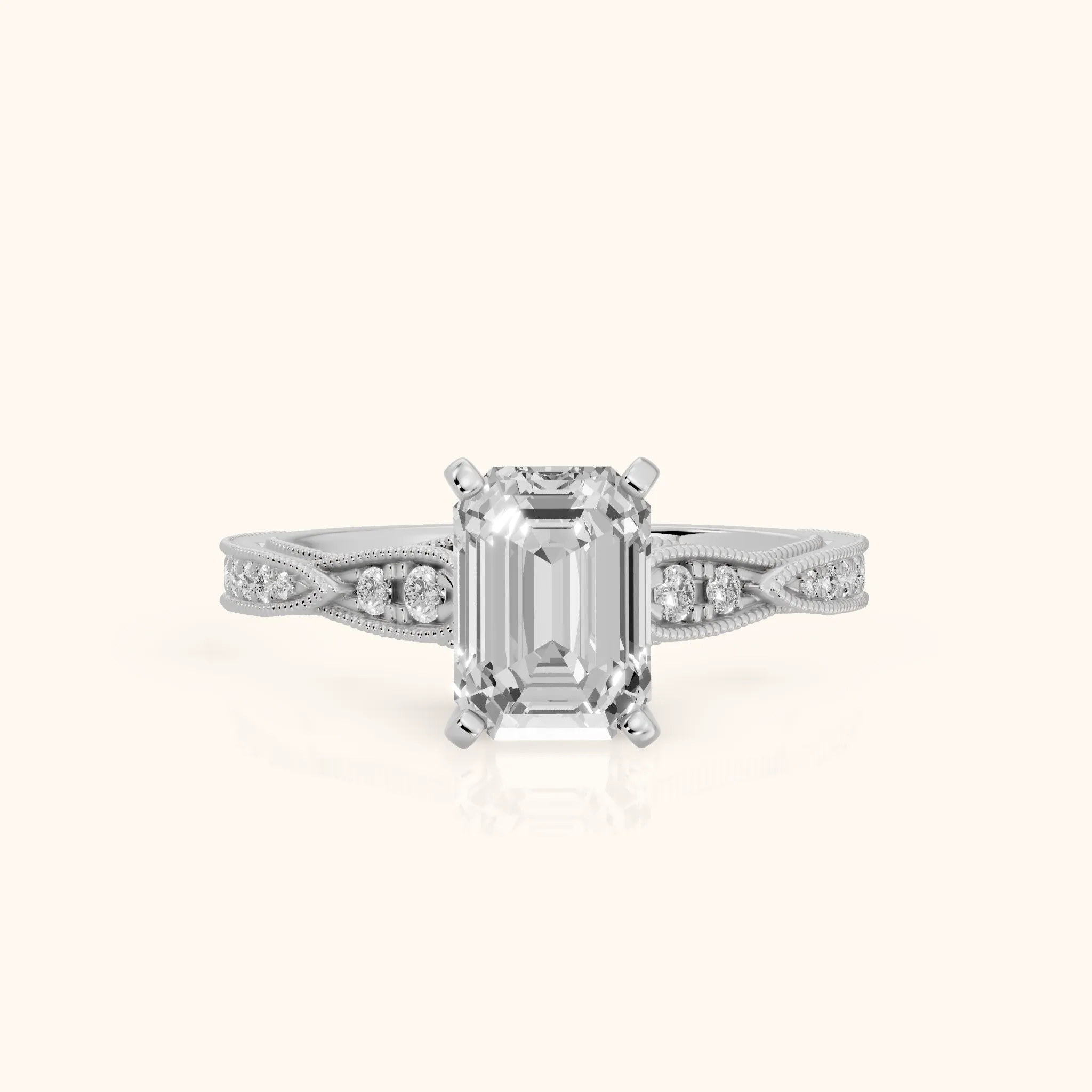 Lucette Scalloped Milgrain Emerald Diamond Engagement Ring in White Gold — view 1