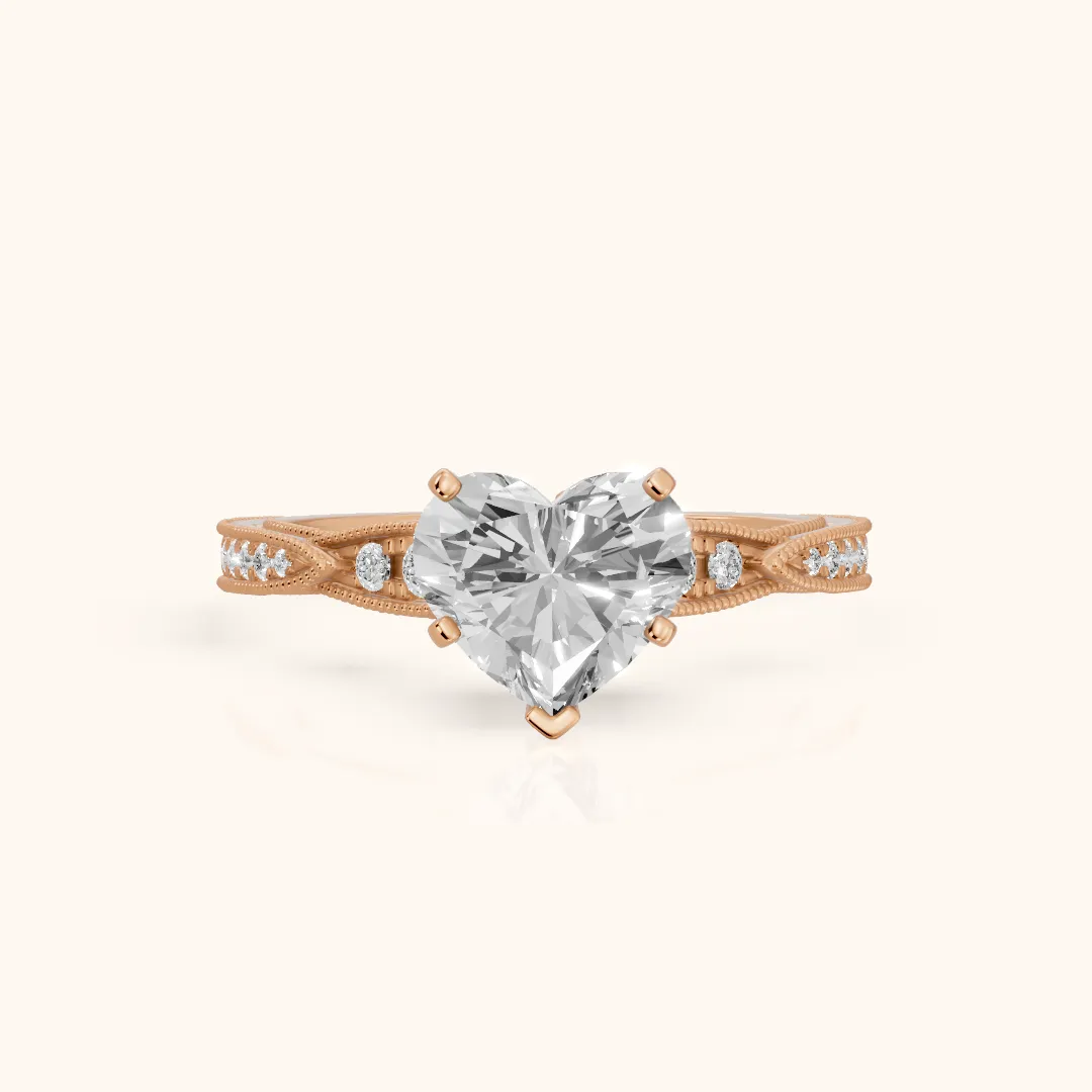 Lucette Scalloped Milgrain Heart Diamond Engagement Ring in Rose Gold — view 2